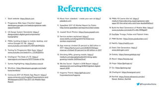 References
1. Slack website: https://slack.com
2. Progressive Web Apps Checklist: https://
developers.google.com/web/progressive-web-
apps/checklist
3. US Design System Standards: https://
designsystem.digital.gov/components/
typography/
4. PWAs: building bridges to mobile, desktop, and
native (Google I/O ’18) : https://
www.youtube.com/watch?v=NITk4kXMQDw
5. Tooling for Progressive Web Apps: https://
www.youtube.com/watch?v=_CO3XZj00no
6. OneSignal: The State of LTE: https://
opensignal.com/reports/2017/11/state-of-lte
7. Syntax Highlighting: https://carbon.now.sh
8. Workbox: https://developers.google.com/web/
tools/workbox/
9. Comscore 2017 US Mobile App Report: https://
www.comscore.com/Insights/Presentations-and-
Whitepapers/2017/The-2017-US-Mobile-App-
Report
10. Music from Jukedeck - create your own at http://
jukedeck.com
11. Speedtest 2017 US Market Report by Ookla:
http://www.speedtest.net/reports/united-states
12. Jopwell Stock Photos: https://www.jopwell.com
13. Service workers explained: https://
www.netlify.com/blog/2017/10/31/service-
workers-explained/
14. App revenue climbed 35 percent to $60 billion in
2017: https://techcrunch.com/2018/01/05/app-
revenue-climbed-35-percent-to-60-billion-in-2017
15. Shrinking APKs, growing installs: https://
medium.com/googleplaydev/shrinking-apks-
growing-installs-5d3fcba23ce2
16. We Are Social - Digital in 2018 Report: https://
wearesocial.com/us/blog/2018/01/global-digital-
report-2018
17. Hugoma Theme: https://github.com/
fvcproductions/hugoma
18. PWAs 101 (same title lol): https://
medium.freecodecamp.org/progressive-web-
apps-101-the-what-why-and-how-4aa5e9065ac2
19. Build the Next Generation of Mobile Web: https://
www.youtube.com/watch?v=3tb-1MWg44Y
20.YouTube: Trivago, Forbes and Flipkart Video
21. PWA Builder: https://www.pwabuilder.com/
22. Netlify: https://netlify.com
23. Static Site Generators: https://
www.staticgen.com/
24. Gatsby: https://www.gatsbyjs.org/
25.React: https://reactjs.org/
26.Hugo: https://gohugo.io/
27. Go: https://golang.org/
28.OneSignal: https://onesignal.com/
29.Norfolk: https://www.wikiwand.com/en/
Naval_Station_Norfolk
@fvcproductions
 