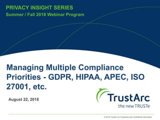 © 2018 TrustArc Inc Proprietary and Confidential Information
PRIVACY INSIGHT SERIES
Summer / Fall 2018 Webinar Program
PRIVACY INSIGHT SERIES
Managing Multiple Compliance
Priorities - GDPR, HIPAA, APEC, ISO
27001, etc.
August 22, 2018
 