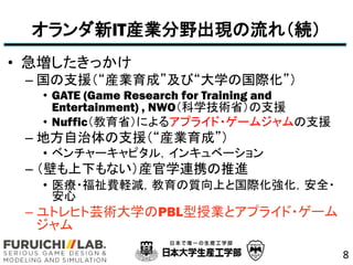 ITbIҰF죨A
? ä
C ֧ԮbIɡӡѧιH
? GATE (Game Research for Training and
Entertainment) , NWOѧgʡ֧Ԯ
? Nufficʡˤ륢ץ饤?`ॸ֧Ԯ
C ط֧ԮbIɡ
? ٥`ԥ룬󥭥٩`
C ڤ¤ʤbѧBЯM
? ҽ?MXp|ϤȹHȫ?

C ȥҥܿgѧPBLژIȥץ饤?`

8
 