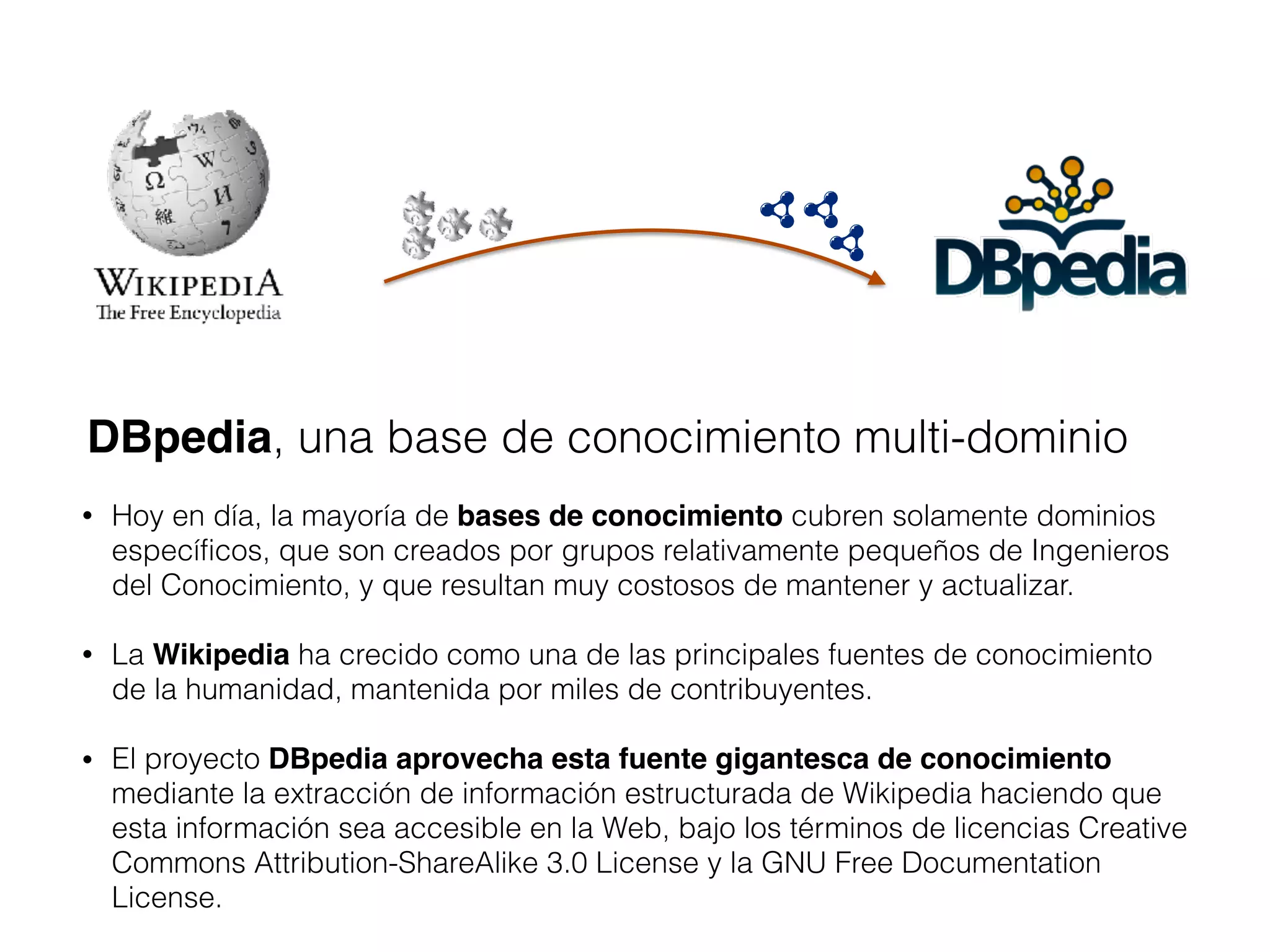 DBpedia, una base de conocimiento multi-dominio 
• Hoy en día, la mayoría de bases de conocimiento cubren solamente dominios
específicos, que son creados por grupos relativamente pequeños de Ingenieros
del Conocimiento, y que resultan muy costosos de mantener y actualizar.
• La Wikipedia ha crecido como una de las principales fuentes de conocimiento
de la humanidad, mantenida por miles de contribuyentes. 
• El proyecto DBpedia aprovecha esta fuente gigantesca de conocimiento
mediante la extracción de información estructurada de Wikipedia haciendo que
esta información sea accesible en la Web, bajo los términos de licencias Creative
Commons Attribution-ShareAlike 3.0 License y la GNU Free Documentation
License.
 