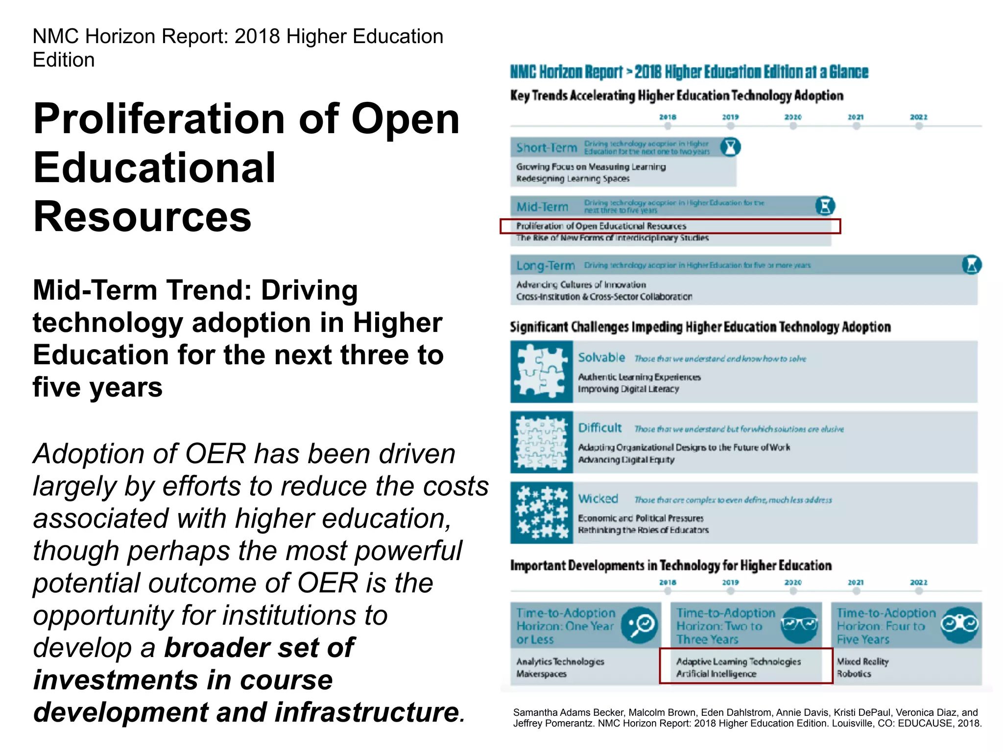 NMC Horizon Report: 2018 Higher Education
Edition
Proliferation of Open
Educational
Resources 
Mid-Term Trend: Driving
technology adoption in Higher
Education for the next three to
five years
Adoption of OER has been driven
largely by efforts to reduce the costs
associated with higher education,
though perhaps the most powerful
potential outcome of OER is the
opportunity for institutions to
develop a broader set of
investments in course
development and infrastructure. Samantha Adams Becker, Malcolm Brown, Eden Dahlstrom, Annie Davis, Kristi DePaul, Veronica Diaz, and
Jeffrey Pomerantz. NMC Horizon Report: 2018 Higher Education Edition. Louisville, CO: EDUCAUSE, 2018.
 