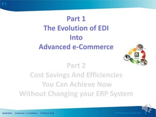 Commercial – In Confidence © B2BE Ltd 201804/09/2018 12018-09-Evolution-of-EDI--v10d
Part 1
The Evolution of EDI
Into
Advanced e-Commerce
Part 2
Cost Savings And Efficiencies
You Can Achieve Now
Without Changing your ERP System
 