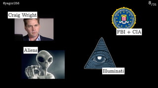 /31@yegor256 8
Craig Wright
Illuminati
FBI + CIA
Aliens
 