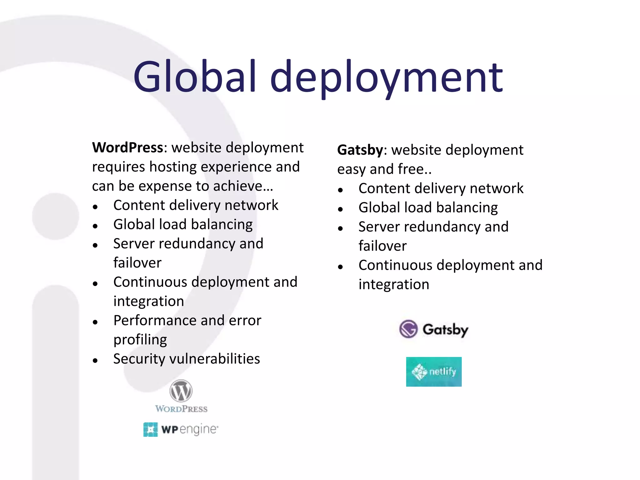 Global deployment
WordPress: website deployment
requires hosting experience and
can be expense to achieve…
● Content delivery network
● Global load balancing
● Server redundancy and
failover
● Continuous deployment and
integration
● Performance and error
profiling
● Security vulnerabilities
Gatsby: website deployment
easy and free..
● Content delivery network
● Global load balancing
● Server redundancy and
failover
● Continuous deployment and
integration
 