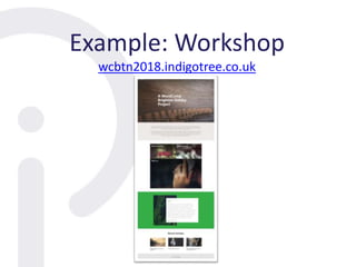 Example: Workshop
wcbtn2018.indigotree.co.uk
 