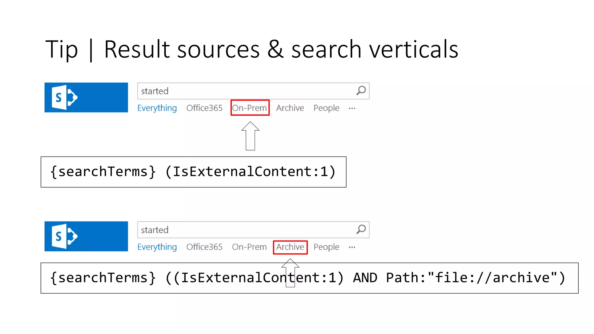 Tip | Result sources & search verticals
{searchTerms} (IsExternalContent:1)
{searchTerms} ((IsExternalContent:1) AND Path:"file://archive")
 
