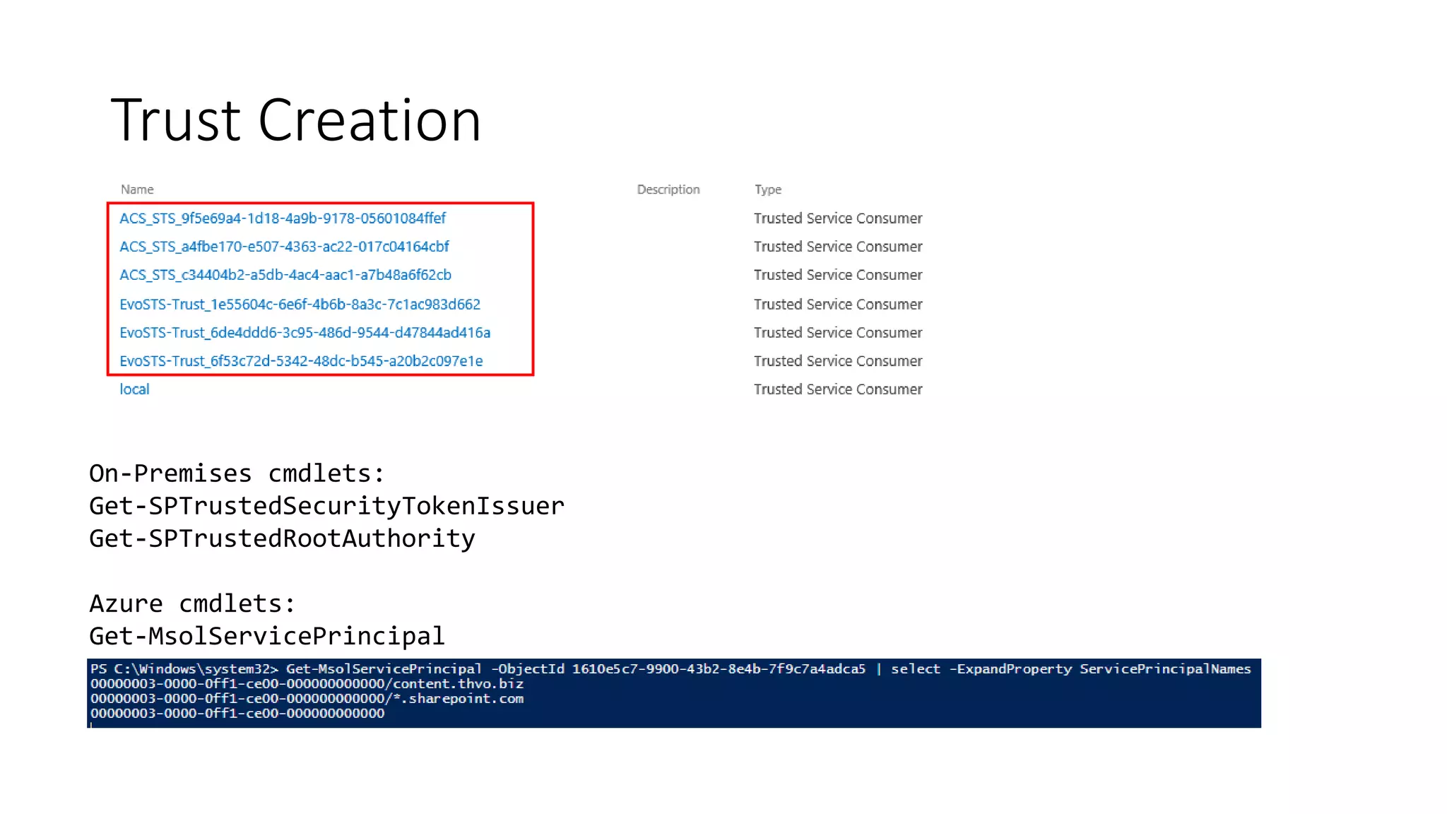 Trust Creation
On-Premises cmdlets:
Get-SPTrustedSecurityTokenIssuer
Get-SPTrustedRootAuthority
Azure cmdlets:
Get-MsolServicePrincipal
 