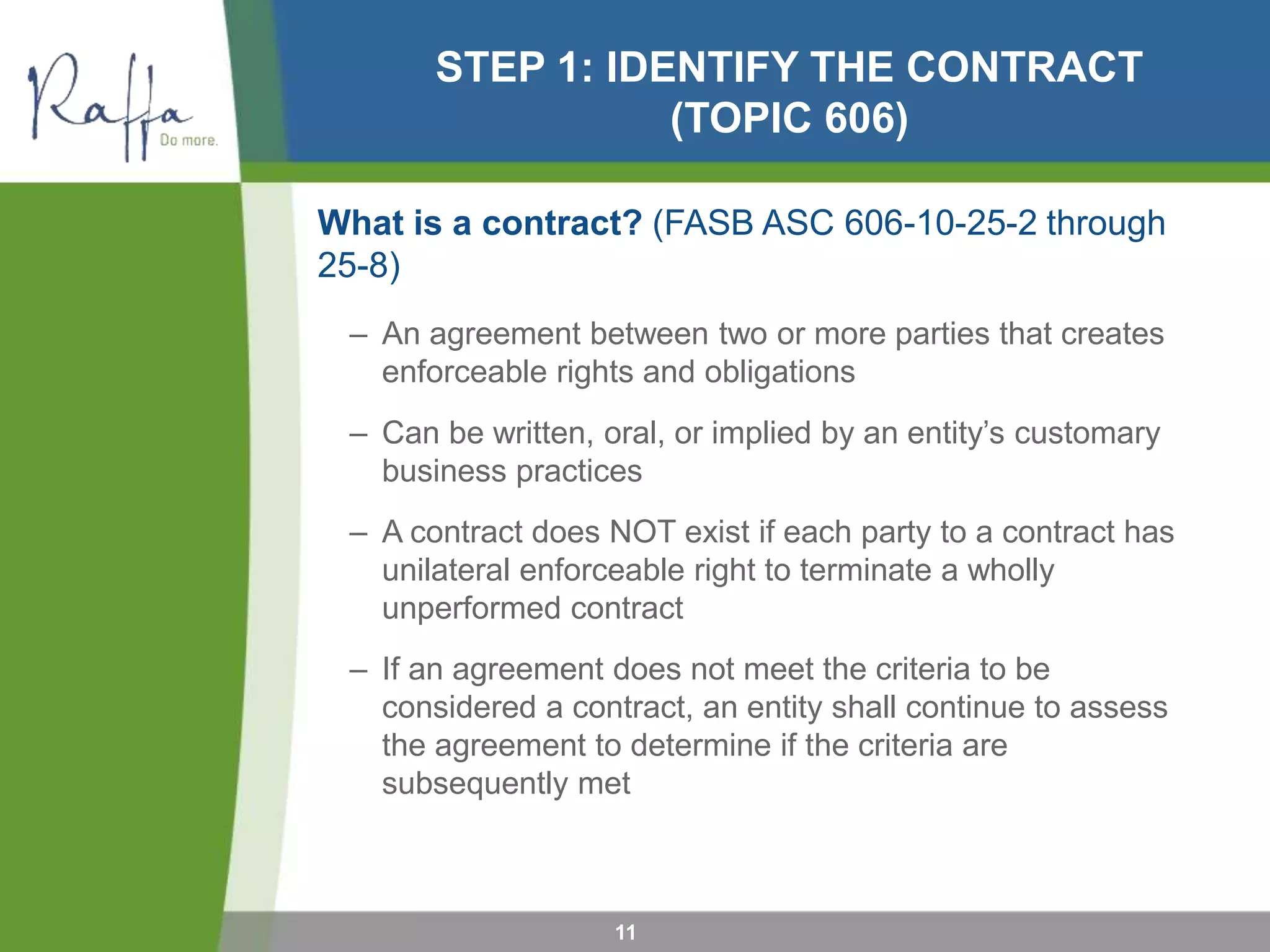 STEP 1: IDENTIFY THE CONTRACT
(TOPIC 606)
What is a contract? (FASB ASC 606-10-25-2 through
25-8)
– An agreement between two or more parties that creates
enforceable rights and obligations
– Can be written, oral, or implied by an entity’s customary
business practices
– A contract does NOT exist if each party to a contract has
unilateral enforceable right to terminate a wholly
unperformed contract
– If an agreement does not meet the criteria to be
considered a contract, an entity shall continue to assess
the agreement to determine if the criteria are
subsequently met
11
 