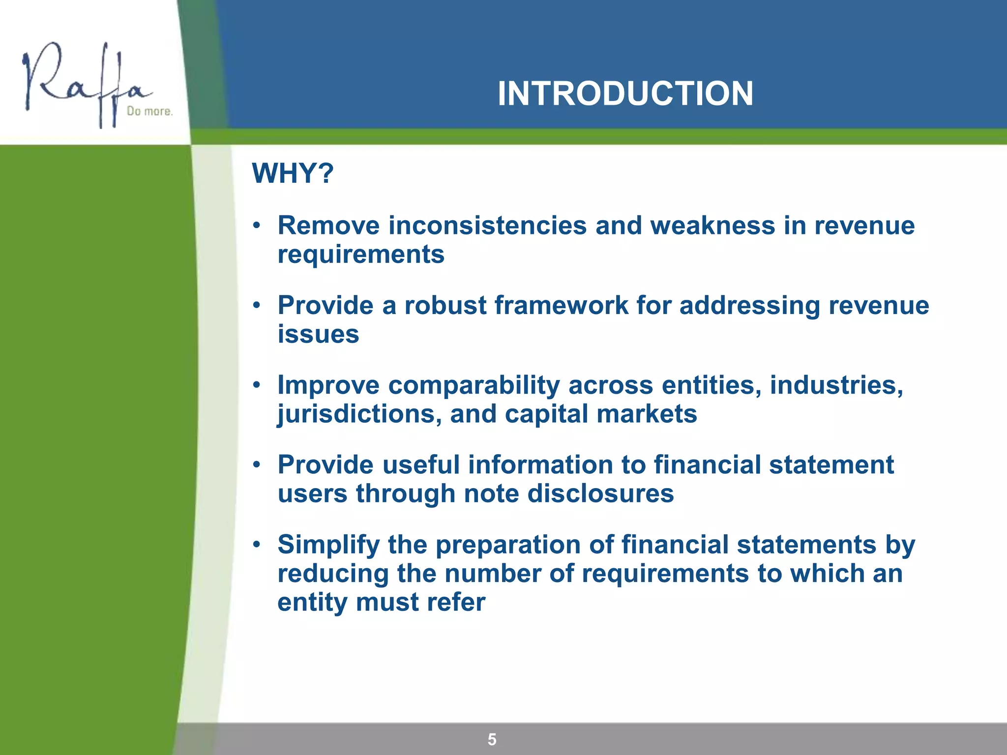 INTRODUCTION
WHY?
• Remove inconsistencies and weakness in revenue
requirements
• Provide a robust framework for addressing revenue
issues
• Improve comparability across entities, industries,
jurisdictions, and capital markets
• Provide useful information to financial statement
users through note disclosures
• Simplify the preparation of financial statements by
reducing the number of requirements to which an
entity must refer
5
 