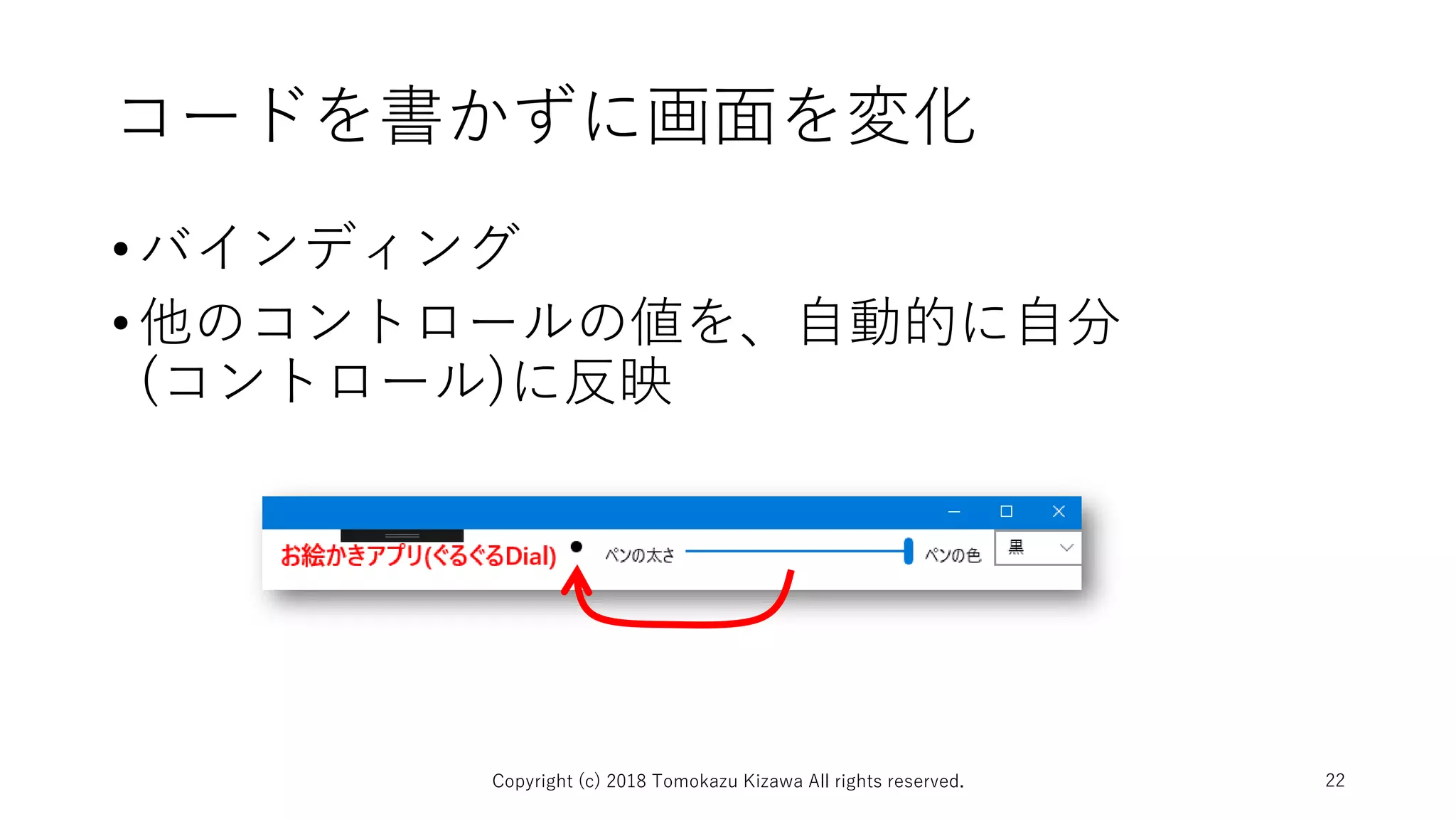 コードを書かずに画面を変化
•バインディング
•他のコントロールの値を、自動的に自分
(コントロール)に反映
Copyright (c) 2018 Tomokazu Kizawa All rights reserved. 22
 