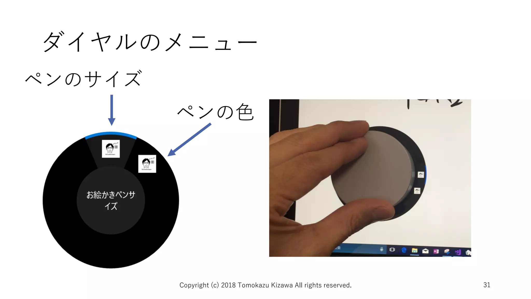 ダイヤルのメニュー
Copyright (c) 2018 Tomokazu Kizawa All rights reserved. 31
ペンのサイズ
ペンの色
 