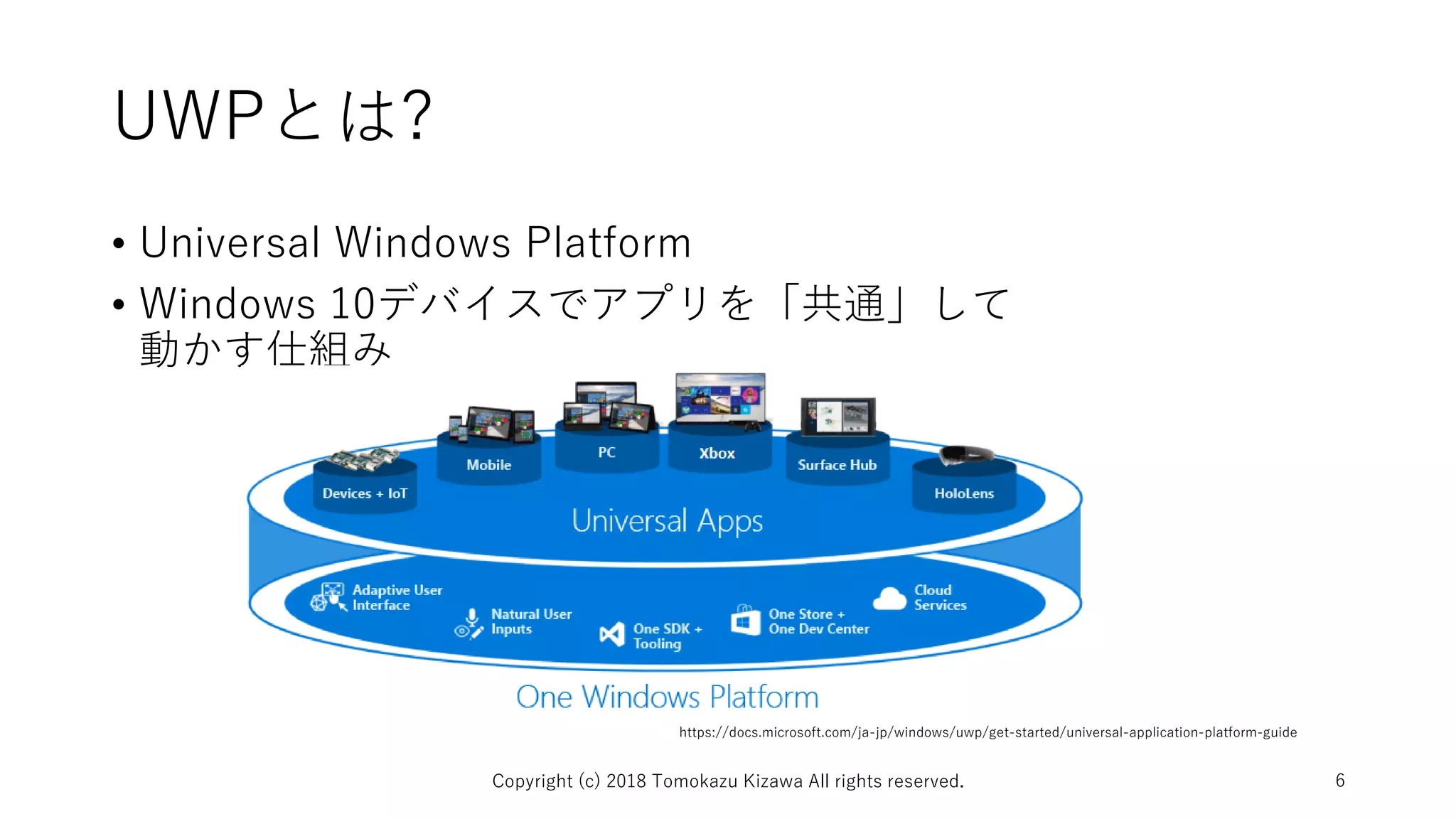 UWPとは?
• Universal Windows Platform
• Windows 10デバイスでアプリを「共通」して
動かす仕組み
Copyright (c) 2018 Tomokazu Kizawa All rights reserved. 6
https://docs.microsoft.com/ja-jp/windows/uwp/get-started/universal-application-platform-guide
 