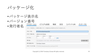 パッケージ化
•パッケージ表示名
•バージョン番号
•発行者名
Copyright (c) 2018 Tomokazu Kizawa All rights reserved. 44
 