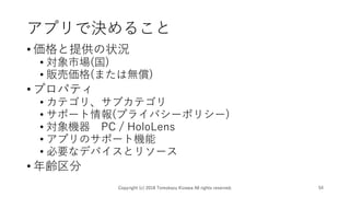 アプリで決めること
• 価格と提供の状況
• 対象市場(国)
• 販売価格(または無償)
• プロパティ
• カテゴリ、サブカテゴリ
• サポート情報(プライバシーポリシー)
• 対象機器 PC / HoloLens
• アプリのサポート機能
• 必要なデバイスとリソース
• 年齢区分
Copyright (c) 2018 Tomokazu Kizawa All rights reserved. 54
 