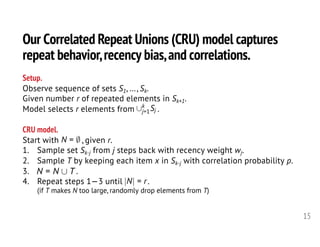 Our Correlated Repeat Unions (CRU) model captures
repeat behavior,recency bias,and correlations.
15
Setup.
Observe sequence of sets S1, …, Sk.
Given number r of repeated elements in Sk+1.
Model selects r elements from .
CRU model.
Start with , given r.
1. Sample set Sk-j from j steps back with recency weight wj.
2. Sample T by keeping each item x in Sk-j with correlation probability p.
3. .
4. Repeat steps 1—3 until .
(if T makes N too large, randomly drop elements from T)
[k
j=1Sj<latexit sha1_base64="JMq9QvYWP/n1zUVVfzVZ7XzazRU=">AAAHPnicfVVdb9s2FFW7zeu0r3R53Au71MBQ2I6VIksyIICBFcUKtFg2O22ByM0o6spiTVIaSTV2Cf2WvW7/Yn9jf2Bvw173uEvbWSwnGwFbFHnPObyXR2RSCm5sv//7rdvvvPte6/07H4QffvTxJ59u3f3suSkqzeCUFaLQLxNqQHAFp5ZbAS9LDVQmAl4k02/8/Is3oA0v1MjOSxhLOlE844xaHDrf2r4fs6o8d6+Po/qVm9bD89f3z7d2+r3+opHrnWjV2QlW7eT8bms7TgtWSVCWCWrMWdQv7dhRbTkTUIdxZaCkbEoncIZdRSWYsVusviZtHElJVmj8KUsWo+E6BHk0nTdYnKVJJaieNUeTopjijKnDsKlps8Ox46qsLCi2lMwqQWxBfFFIyjUwK+akqWv59G1HcQaZpqxDpZHU5p2S+3V27PRtd6JpmXcknQIDIa6GlqvycMETTfXcp1BcmE6CzBNdVCo1nZJaC1oZxFvNZx2T0xJMJ+O2w6hg/j31mFIUVlI9Nf/F2pNgKU4uKifAulGVWfgB0tppSO8d9u8lAnXXI2wOEw2gard4+JiLnFvYiElEBbXz/2sRYZvk1pbm691dC7OescgNM5ZTNYEeK+TuTxUY7y6zG321f7R3tGtAcjRhgp6T3Qtu865PostVN0Grgl7EPTzYWT7C2BeUopV9fcJ4IoqEihhfYw8bgDKVhkFaCDTAAI3MihSOYw2Czi6xBS6+aaKzUTR2fuO8ARq7fDIaUuWLq0HBBSYgqUpdnFHJxTyFjFbC1i422WW/aRKTeVfUYXtdzOAOQnrc7x11mOQoirYQaHkUsDOTeYpmksgdKzvzVIMl2JkHZ/it7Y/rzaQeAX5kGoZzmRTiMabkliymdt89e1o75SUkr52sHcflxkOwNwXjQLoJSVaQlYYHDKsEt9NWfktvFthUGD5+5ktyKTCKGuVzyax2RlyJ+OAl2j3BSF8DKsqc1ldL/fHJRtXTiQDO8u6y9jfN4EYbPF6a54P0NOu7LId8IlEpXrrK07k4kS5ejtfXbCGf4uGa3oRYTdRNiQfxLKH6DM0X50kxc/Eb/98O41xXAkgOfJJbPF0P9ktL2mSUA6HMVlQQhIXxFE+Ifm9vH2Ztctna5BFeDFQxIAnYC/x+fSxBMWIWZQyXUu2QkAVBt9+LQLYv0cO80FgdriakUARNRQRklhiegkes5bUT1f+S4AXw8H9J9CKTBUvtq4DXSLR5aVzvPN/rRbi87/d2BoerC+VO8HnwRfBlEAUHwSD4NjgJTgMWzIOfg1+CX1u/tf5o/dn6axl6+9YKsx00WuvvfwAkCY0R</latexit><latexit sha1_base64="JMq9QvYWP/n1zUVVfzVZ7XzazRU=">AAAHPnicfVVdb9s2FFW7zeu0r3R53Au71MBQ2I6VIksyIICBFcUKtFg2O22ByM0o6spiTVIaSTV2Cf2WvW7/Yn9jf2Bvw173uEvbWSwnGwFbFHnPObyXR2RSCm5sv//7rdvvvPte6/07H4QffvTxJ59u3f3suSkqzeCUFaLQLxNqQHAFp5ZbAS9LDVQmAl4k02/8/Is3oA0v1MjOSxhLOlE844xaHDrf2r4fs6o8d6+Po/qVm9bD89f3z7d2+r3+opHrnWjV2QlW7eT8bms7TgtWSVCWCWrMWdQv7dhRbTkTUIdxZaCkbEoncIZdRSWYsVusviZtHElJVmj8KUsWo+E6BHk0nTdYnKVJJaieNUeTopjijKnDsKlps8Ox46qsLCi2lMwqQWxBfFFIyjUwK+akqWv59G1HcQaZpqxDpZHU5p2S+3V27PRtd6JpmXcknQIDIa6GlqvycMETTfXcp1BcmE6CzBNdVCo1nZJaC1oZxFvNZx2T0xJMJ+O2w6hg/j31mFIUVlI9Nf/F2pNgKU4uKifAulGVWfgB0tppSO8d9u8lAnXXI2wOEw2gard4+JiLnFvYiElEBbXz/2sRYZvk1pbm691dC7OescgNM5ZTNYEeK+TuTxUY7y6zG321f7R3tGtAcjRhgp6T3Qtu865PostVN0Grgl7EPTzYWT7C2BeUopV9fcJ4IoqEihhfYw8bgDKVhkFaCDTAAI3MihSOYw2Czi6xBS6+aaKzUTR2fuO8ARq7fDIaUuWLq0HBBSYgqUpdnFHJxTyFjFbC1i422WW/aRKTeVfUYXtdzOAOQnrc7x11mOQoirYQaHkUsDOTeYpmksgdKzvzVIMl2JkHZ/it7Y/rzaQeAX5kGoZzmRTiMabkliymdt89e1o75SUkr52sHcflxkOwNwXjQLoJSVaQlYYHDKsEt9NWfktvFthUGD5+5ktyKTCKGuVzyax2RlyJ+OAl2j3BSF8DKsqc1ldL/fHJRtXTiQDO8u6y9jfN4EYbPF6a54P0NOu7LId8IlEpXrrK07k4kS5ejtfXbCGf4uGa3oRYTdRNiQfxLKH6DM0X50kxc/Eb/98O41xXAkgOfJJbPF0P9ktL2mSUA6HMVlQQhIXxFE+Ifm9vH2Ztctna5BFeDFQxIAnYC/x+fSxBMWIWZQyXUu2QkAVBt9+LQLYv0cO80FgdriakUARNRQRklhiegkes5bUT1f+S4AXw8H9J9CKTBUvtq4DXSLR5aVzvPN/rRbi87/d2BoerC+VO8HnwRfBlEAUHwSD4NjgJTgMWzIOfg1+CX1u/tf5o/dn6axl6+9YKsx00WuvvfwAkCY0R</latexit><latexit sha1_base64="JMq9QvYWP/n1zUVVfzVZ7XzazRU=">AAAHPnicfVVdb9s2FFW7zeu0r3R53Au71MBQ2I6VIksyIICBFcUKtFg2O22ByM0o6spiTVIaSTV2Cf2WvW7/Yn9jf2Bvw173uEvbWSwnGwFbFHnPObyXR2RSCm5sv//7rdvvvPte6/07H4QffvTxJ59u3f3suSkqzeCUFaLQLxNqQHAFp5ZbAS9LDVQmAl4k02/8/Is3oA0v1MjOSxhLOlE844xaHDrf2r4fs6o8d6+Po/qVm9bD89f3z7d2+r3+opHrnWjV2QlW7eT8bms7TgtWSVCWCWrMWdQv7dhRbTkTUIdxZaCkbEoncIZdRSWYsVusviZtHElJVmj8KUsWo+E6BHk0nTdYnKVJJaieNUeTopjijKnDsKlps8Ox46qsLCi2lMwqQWxBfFFIyjUwK+akqWv59G1HcQaZpqxDpZHU5p2S+3V27PRtd6JpmXcknQIDIa6GlqvycMETTfXcp1BcmE6CzBNdVCo1nZJaC1oZxFvNZx2T0xJMJ+O2w6hg/j31mFIUVlI9Nf/F2pNgKU4uKifAulGVWfgB0tppSO8d9u8lAnXXI2wOEw2gard4+JiLnFvYiElEBbXz/2sRYZvk1pbm691dC7OescgNM5ZTNYEeK+TuTxUY7y6zG321f7R3tGtAcjRhgp6T3Qtu865PostVN0Grgl7EPTzYWT7C2BeUopV9fcJ4IoqEihhfYw8bgDKVhkFaCDTAAI3MihSOYw2Czi6xBS6+aaKzUTR2fuO8ARq7fDIaUuWLq0HBBSYgqUpdnFHJxTyFjFbC1i422WW/aRKTeVfUYXtdzOAOQnrc7x11mOQoirYQaHkUsDOTeYpmksgdKzvzVIMl2JkHZ/it7Y/rzaQeAX5kGoZzmRTiMabkliymdt89e1o75SUkr52sHcflxkOwNwXjQLoJSVaQlYYHDKsEt9NWfktvFthUGD5+5ktyKTCKGuVzyax2RlyJ+OAl2j3BSF8DKsqc1ldL/fHJRtXTiQDO8u6y9jfN4EYbPF6a54P0NOu7LId8IlEpXrrK07k4kS5ejtfXbCGf4uGa3oRYTdRNiQfxLKH6DM0X50kxc/Eb/98O41xXAkgOfJJbPF0P9ktL2mSUA6HMVlQQhIXxFE+Ifm9vH2Ztctna5BFeDFQxIAnYC/x+fSxBMWIWZQyXUu2QkAVBt9+LQLYv0cO80FgdriakUARNRQRklhiegkes5bUT1f+S4AXw8H9J9CKTBUvtq4DXSLR5aVzvPN/rRbi87/d2BoerC+VO8HnwRfBlEAUHwSD4NjgJTgMWzIOfg1+CX1u/tf5o/dn6axl6+9YKsx00WuvvfwAkCY0R</latexit><latexit sha1_base64="JMq9QvYWP/n1zUVVfzVZ7XzazRU=">AAAHPnicfVVdb9s2FFW7zeu0r3R53Au71MBQ2I6VIksyIICBFcUKtFg2O22ByM0o6spiTVIaSTV2Cf2WvW7/Yn9jf2Bvw173uEvbWSwnGwFbFHnPObyXR2RSCm5sv//7rdvvvPte6/07H4QffvTxJ59u3f3suSkqzeCUFaLQLxNqQHAFp5ZbAS9LDVQmAl4k02/8/Is3oA0v1MjOSxhLOlE844xaHDrf2r4fs6o8d6+Po/qVm9bD89f3z7d2+r3+opHrnWjV2QlW7eT8bms7TgtWSVCWCWrMWdQv7dhRbTkTUIdxZaCkbEoncIZdRSWYsVusviZtHElJVmj8KUsWo+E6BHk0nTdYnKVJJaieNUeTopjijKnDsKlps8Ox46qsLCi2lMwqQWxBfFFIyjUwK+akqWv59G1HcQaZpqxDpZHU5p2S+3V27PRtd6JpmXcknQIDIa6GlqvycMETTfXcp1BcmE6CzBNdVCo1nZJaC1oZxFvNZx2T0xJMJ+O2w6hg/j31mFIUVlI9Nf/F2pNgKU4uKifAulGVWfgB0tppSO8d9u8lAnXXI2wOEw2gard4+JiLnFvYiElEBbXz/2sRYZvk1pbm691dC7OescgNM5ZTNYEeK+TuTxUY7y6zG321f7R3tGtAcjRhgp6T3Qtu865PostVN0Grgl7EPTzYWT7C2BeUopV9fcJ4IoqEihhfYw8bgDKVhkFaCDTAAI3MihSOYw2Czi6xBS6+aaKzUTR2fuO8ARq7fDIaUuWLq0HBBSYgqUpdnFHJxTyFjFbC1i422WW/aRKTeVfUYXtdzOAOQnrc7x11mOQoirYQaHkUsDOTeYpmksgdKzvzVIMl2JkHZ/it7Y/rzaQeAX5kGoZzmRTiMabkliymdt89e1o75SUkr52sHcflxkOwNwXjQLoJSVaQlYYHDKsEt9NWfktvFthUGD5+5ktyKTCKGuVzyax2RlyJ+OAl2j3BSF8DKsqc1ldL/fHJRtXTiQDO8u6y9jfN4EYbPF6a54P0NOu7LId8IlEpXrrK07k4kS5ejtfXbCGf4uGa3oRYTdRNiQfxLKH6DM0X50kxc/Eb/98O41xXAkgOfJJbPF0P9ktL2mSUA6HMVlQQhIXxFE+Ifm9vH2Ztctna5BFeDFQxIAnYC/x+fSxBMWIWZQyXUu2QkAVBt9+LQLYv0cO80FgdriakUARNRQRklhiegkes5bUT1f+S4AXw8H9J9CKTBUvtq4DXSLR5aVzvPN/rRbi87/d2BoerC+VO8HnwRfBlEAUHwSD4NjgJTgMWzIOfg1+CX1u/tf5o/dn6axl6+9YKsx00WuvvfwAkCY0R</latexit>
N = ;<latexit sha1_base64="cCQugb7Mu1I9KkNyw7/c0OFwvuY=">AAAHOnicfVVdb9s2FFW7zeu0j6br417YpQaGwnbsFFmaAQGMrShWoN2y2WkLWEZKSVcSYZLSSKqRS+iX7HX7F/sje93bsNf9gF1azmI52QjYosh7zuG9PCLDgjNthsPfb9x85933Ou/f+sD/8KOPP7m9c+fTFzovVQSnUc5z9SqkGjiTcGqY4fCqUEBFyOFluPjGzb98A0qzXE7NsoC5oKlkCYuowaGzndv3vyPHJABRmKUGc/9sZ3c4GK4audoZrTu73rqdnN3p3A3iPCoFSBNxqvVsNCzM3FJlWMSh9oNSQ0GjBU1hhl1JBei5Xa28Jl0ciUmSK/xJQ1aj/iYEeRRdtlisoWHJqarao2GeL3BG177f1jTJo7llsigNyKiRTEpOTE5cQUjMFESGL0lb17DF255kESSKRj0qtKAm6xXMrbNnFm/7qaJF1hN0ARFwfjnUrMrBOQsVVUuXQn6ueyEypyovZax7BTUGlNSIN4pVPZ3RAnQvYaYXUR6599hhCp4bQdVC/xfrQIChOLmqHAdjp2Vi4EeIa6sgvvdoeC/kqLsZYTJIFYCs7erhYs4zZmArJuQl1Nb9b0T4XZIZU+iv9vYMVANtkBuqKKMyhUGUi72fStDOWXpv9OXB0f7RngbB0IAh+k30z5nJ+i6JPpP9EG0KahX38HC3efiBKyhFG7v6+EHK85DyAF8DBxuD1KWCcZxzNMAYTRzlMRwHCjitLrA5Lr5totl0NLdu45wBWrt8Mp1Q6YqrQMI5JiCojG2QUMH4MoaEltzUNtDJRb9tEp04V9R+d1NM4w5CfDwcHPUiwVAUbcHR8ihgKp04inaSyB1IUzmqcQO2+sEMv7WDeb2d1GPAj0zBZCnCnD/BlGzDomv7/fNntZVOQrDaitoyXG4wAXNdMA7E25BwDVlrOMCkDHE7Tem29HqBbYXJk+euJBcC01GrfDasaqv5pYgLbtD2KUa6GlBeZLS+XOrrp1tVj1MOLMr6Te2vm8GN1ni8tM8H4Wg2d1lMWCpQKWhc5ehsEAobNOP1FVuIZ3iwxtch1hN1W+JBUIVUzdB8QRbmlQ3euP+uH2Sq5EAyYGlm8HQ9PCgM6ZJpBoRGpqScIMwPFnhCDAf7B1B1yUXrksd4KVAZAQnBnOP362IJihG9KqPfSHV9QlYE/eFgBKJ7gZ5kucLqMJmSXBI0FeGQGKJZDA6xkdfuqP6XBC+Ah/9LolaZrFhqVwW8Rkbbl8bVzov9wQiX98P+7vjr9YVyy/vM+9z7wht5h97Y+9Y78U69yCu9n71fvF87v3X+6PzZ+asJvXljjbnrtVrn738AcTqK5Q==</latexit><latexit sha1_base64="cCQugb7Mu1I9KkNyw7/c0OFwvuY=">AAAHOnicfVVdb9s2FFW7zeu0j6br417YpQaGwnbsFFmaAQGMrShWoN2y2WkLWEZKSVcSYZLSSKqRS+iX7HX7F/sje93bsNf9gF1azmI52QjYosh7zuG9PCLDgjNthsPfb9x85933Ou/f+sD/8KOPP7m9c+fTFzovVQSnUc5z9SqkGjiTcGqY4fCqUEBFyOFluPjGzb98A0qzXE7NsoC5oKlkCYuowaGzndv3vyPHJABRmKUGc/9sZ3c4GK4audoZrTu73rqdnN3p3A3iPCoFSBNxqvVsNCzM3FJlWMSh9oNSQ0GjBU1hhl1JBei5Xa28Jl0ciUmSK/xJQ1aj/iYEeRRdtlisoWHJqarao2GeL3BG177f1jTJo7llsigNyKiRTEpOTE5cQUjMFESGL0lb17DF255kESSKRj0qtKAm6xXMrbNnFm/7qaJF1hN0ARFwfjnUrMrBOQsVVUuXQn6ueyEypyovZax7BTUGlNSIN4pVPZ3RAnQvYaYXUR6599hhCp4bQdVC/xfrQIChOLmqHAdjp2Vi4EeIa6sgvvdoeC/kqLsZYTJIFYCs7erhYs4zZmArJuQl1Nb9b0T4XZIZU+iv9vYMVANtkBuqKKMyhUGUi72fStDOWXpv9OXB0f7RngbB0IAh+k30z5nJ+i6JPpP9EG0KahX38HC3efiBKyhFG7v6+EHK85DyAF8DBxuD1KWCcZxzNMAYTRzlMRwHCjitLrA5Lr5totl0NLdu45wBWrt8Mp1Q6YqrQMI5JiCojG2QUMH4MoaEltzUNtDJRb9tEp04V9R+d1NM4w5CfDwcHPUiwVAUbcHR8ihgKp04inaSyB1IUzmqcQO2+sEMv7WDeb2d1GPAj0zBZCnCnD/BlGzDomv7/fNntZVOQrDaitoyXG4wAXNdMA7E25BwDVlrOMCkDHE7Tem29HqBbYXJk+euJBcC01GrfDasaqv5pYgLbtD2KUa6GlBeZLS+XOrrp1tVj1MOLMr6Te2vm8GN1ni8tM8H4Wg2d1lMWCpQKWhc5ehsEAobNOP1FVuIZ3iwxtch1hN1W+JBUIVUzdB8QRbmlQ3euP+uH2Sq5EAyYGlm8HQ9PCgM6ZJpBoRGpqScIMwPFnhCDAf7B1B1yUXrksd4KVAZAQnBnOP362IJihG9KqPfSHV9QlYE/eFgBKJ7gZ5kucLqMJmSXBI0FeGQGKJZDA6xkdfuqP6XBC+Ah/9LolaZrFhqVwW8Rkbbl8bVzov9wQiX98P+7vjr9YVyy/vM+9z7wht5h97Y+9Y78U69yCu9n71fvF87v3X+6PzZ+asJvXljjbnrtVrn738AcTqK5Q==</latexit><latexit sha1_base64="cCQugb7Mu1I9KkNyw7/c0OFwvuY=">AAAHOnicfVVdb9s2FFW7zeu0j6br417YpQaGwnbsFFmaAQGMrShWoN2y2WkLWEZKSVcSYZLSSKqRS+iX7HX7F/sje93bsNf9gF1azmI52QjYosh7zuG9PCLDgjNthsPfb9x85933Ou/f+sD/8KOPP7m9c+fTFzovVQSnUc5z9SqkGjiTcGqY4fCqUEBFyOFluPjGzb98A0qzXE7NsoC5oKlkCYuowaGzndv3vyPHJABRmKUGc/9sZ3c4GK4audoZrTu73rqdnN3p3A3iPCoFSBNxqvVsNCzM3FJlWMSh9oNSQ0GjBU1hhl1JBei5Xa28Jl0ciUmSK/xJQ1aj/iYEeRRdtlisoWHJqarao2GeL3BG177f1jTJo7llsigNyKiRTEpOTE5cQUjMFESGL0lb17DF255kESSKRj0qtKAm6xXMrbNnFm/7qaJF1hN0ARFwfjnUrMrBOQsVVUuXQn6ueyEypyovZax7BTUGlNSIN4pVPZ3RAnQvYaYXUR6599hhCp4bQdVC/xfrQIChOLmqHAdjp2Vi4EeIa6sgvvdoeC/kqLsZYTJIFYCs7erhYs4zZmArJuQl1Nb9b0T4XZIZU+iv9vYMVANtkBuqKKMyhUGUi72fStDOWXpv9OXB0f7RngbB0IAh+k30z5nJ+i6JPpP9EG0KahX38HC3efiBKyhFG7v6+EHK85DyAF8DBxuD1KWCcZxzNMAYTRzlMRwHCjitLrA5Lr5totl0NLdu45wBWrt8Mp1Q6YqrQMI5JiCojG2QUMH4MoaEltzUNtDJRb9tEp04V9R+d1NM4w5CfDwcHPUiwVAUbcHR8ihgKp04inaSyB1IUzmqcQO2+sEMv7WDeb2d1GPAj0zBZCnCnD/BlGzDomv7/fNntZVOQrDaitoyXG4wAXNdMA7E25BwDVlrOMCkDHE7Tem29HqBbYXJk+euJBcC01GrfDasaqv5pYgLbtD2KUa6GlBeZLS+XOrrp1tVj1MOLMr6Te2vm8GN1ni8tM8H4Wg2d1lMWCpQKWhc5ehsEAobNOP1FVuIZ3iwxtch1hN1W+JBUIVUzdB8QRbmlQ3euP+uH2Sq5EAyYGlm8HQ9PCgM6ZJpBoRGpqScIMwPFnhCDAf7B1B1yUXrksd4KVAZAQnBnOP362IJihG9KqPfSHV9QlYE/eFgBKJ7gZ5kucLqMJmSXBI0FeGQGKJZDA6xkdfuqP6XBC+Ah/9LolaZrFhqVwW8Rkbbl8bVzov9wQiX98P+7vjr9YVyy/vM+9z7wht5h97Y+9Y78U69yCu9n71fvF87v3X+6PzZ+asJvXljjbnrtVrn738AcTqK5Q==</latexit><latexit sha1_base64="cCQugb7Mu1I9KkNyw7/c0OFwvuY=">AAAHOnicfVVdb9s2FFW7zeu0j6br417YpQaGwnbsFFmaAQGMrShWoN2y2WkLWEZKSVcSYZLSSKqRS+iX7HX7F/sje93bsNf9gF1azmI52QjYosh7zuG9PCLDgjNthsPfb9x85933Ou/f+sD/8KOPP7m9c+fTFzovVQSnUc5z9SqkGjiTcGqY4fCqUEBFyOFluPjGzb98A0qzXE7NsoC5oKlkCYuowaGzndv3vyPHJABRmKUGc/9sZ3c4GK4audoZrTu73rqdnN3p3A3iPCoFSBNxqvVsNCzM3FJlWMSh9oNSQ0GjBU1hhl1JBei5Xa28Jl0ciUmSK/xJQ1aj/iYEeRRdtlisoWHJqarao2GeL3BG177f1jTJo7llsigNyKiRTEpOTE5cQUjMFESGL0lb17DF255kESSKRj0qtKAm6xXMrbNnFm/7qaJF1hN0ARFwfjnUrMrBOQsVVUuXQn6ueyEypyovZax7BTUGlNSIN4pVPZ3RAnQvYaYXUR6599hhCp4bQdVC/xfrQIChOLmqHAdjp2Vi4EeIa6sgvvdoeC/kqLsZYTJIFYCs7erhYs4zZmArJuQl1Nb9b0T4XZIZU+iv9vYMVANtkBuqKKMyhUGUi72fStDOWXpv9OXB0f7RngbB0IAh+k30z5nJ+i6JPpP9EG0KahX38HC3efiBKyhFG7v6+EHK85DyAF8DBxuD1KWCcZxzNMAYTRzlMRwHCjitLrA5Lr5totl0NLdu45wBWrt8Mp1Q6YqrQMI5JiCojG2QUMH4MoaEltzUNtDJRb9tEp04V9R+d1NM4w5CfDwcHPUiwVAUbcHR8ihgKp04inaSyB1IUzmqcQO2+sEMv7WDeb2d1GPAj0zBZCnCnD/BlGzDomv7/fNntZVOQrDaitoyXG4wAXNdMA7E25BwDVlrOMCkDHE7Tem29HqBbYXJk+euJBcC01GrfDasaqv5pYgLbtD2KUa6GlBeZLS+XOrrp1tVj1MOLMr6Te2vm8GN1ni8tM8H4Wg2d1lMWCpQKWhc5ehsEAobNOP1FVuIZ3iwxtch1hN1W+JBUIVUzdB8QRbmlQ3euP+uH2Sq5EAyYGlm8HQ9PCgM6ZJpBoRGpqScIMwPFnhCDAf7B1B1yUXrksd4KVAZAQnBnOP362IJihG9KqPfSHV9QlYE/eFgBKJ7gZ5kucLqMJmSXBI0FeGQGKJZDA6xkdfuqP6XBC+Ah/9LolaZrFhqVwW8Rkbbl8bVzov9wQiX98P+7vjr9YVyy/vM+9z7wht5h97Y+9Y78U69yCu9n71fvF87v3X+6PzZ+asJvXljjbnrtVrn738AcTqK5Q==</latexit>
N = N [ T<latexit sha1_base64="+8IXgngcg4Tx80sHc3gtOzbENVM=">AAAHN3icfVVdjxs1FJ0WCGX4aukjLy7bSKhKsslWy3aRVoqgqqjUloVk20o7oXg8d2as2J7B9nQnteZ/8Ar/gp/CE2+IV/4B10mWzWQXLCXjse85x/f6jB2Xghs7HP5+7fpbb7/TeffGe+H7H3z40cc3b33y3BSVZnDCClHolzE1ILiCE8utgJelBipjAS/i+dd+/sVr0IYXamoXJcwkzRRPOaMWh364+4wckWckYlVJpndf3dwZDobLRi53RuvOTrBux69udW5HScEqCcoyQY05HQ1LO3NUW84ENGFUGSgpm9MMTrGrqAQzc8tlN6SLIwlJC40/ZclyNNyEII+mixaLszSuBNV1ezQuijnOmCYM25o2fTBzXJWVBcVWkmkliC2IrwZJuAZmxYK0dS2fv+kpziDVlPWoNJLavFdyv86enb/pZ5qWeU/SOTAQ4mJotSoPFzzWVC98CsWZ6cXInOmiUonpldRa0Mog3mpe90xOSzC9lNseo4L598RjSlFYSfXc/BfrQIKlOLmsnADrplVq4XtIGqchufNgeCcWqLsZYXPINIBq3PLhY85ybmErJhYVNM7/b0SEXZJbW5ovd3ct1ANjkRtqllOVwYAVcvenCoy3ldkdfbF/uHe4a0BydF+MZpP9M27zvk+iz1U/Ro+CXsbdP9hZPcLIF5Sih319wigTRUxFhK+Rh41BmUrDOCkEGmCMDmZFAkeRBkHrc2yBi2+b6HQ6mjm/cd4ArV0+nk6o8sXVoOAME5BUJS5KqeRikUBKK2EbF5n0vN82iUm9K5qwuylmcAchORoODntMchRFWwi0PArY2qSeop0kckfK1p5qvAI7c+8Uv7X9WbOd1EPAj0zDZCHjQjzClNyKxTTu26dPGqe8hOSNk43juNxoAvaqYBxItiHxGrLW8IBJFeN22spv6dUC2wqTR099Sc4FpqNW+VxcN86ICxEfvEK7xxjpa0BFmdPmYqk/Pt6qepIJ4Czvr2p/1QxutMHjpX0+SE+zuctywjOJStHKVZ7ORbF00Wq8uWQL+QRP1eQqxHqiaUvci+qY6lM0X5THRe2i1/6/G0a5rgSQHHiWWzxdD/ZLS7pkmgOhzFZUEISF0RxPiOFgbx/qLjlvXfIQbwSqGJAY7Bl+vz6WoBgxyzKGK6luSMiSoD8cjEB2z9GTvNBYHa4yUiiCpiICUksMT8AjNvLaGTX/kuAFcP9/SfQykyVL46uA18ho+9K43Hm+Nxjh8r7b2xl/tb5QbgSfBp8Fnwej4CAYB98Ex8FJwAId/Bz8Evza+a3zR+fPzl+r0OvX1pjbQat1/v4HOH2JWQ==</latexit><latexit sha1_base64="+8IXgngcg4Tx80sHc3gtOzbENVM=">AAAHN3icfVVdjxs1FJ0WCGX4aukjLy7bSKhKsslWy3aRVoqgqqjUloVk20o7oXg8d2as2J7B9nQnteZ/8Ar/gp/CE2+IV/4B10mWzWQXLCXjse85x/f6jB2Xghs7HP5+7fpbb7/TeffGe+H7H3z40cc3b33y3BSVZnDCClHolzE1ILiCE8utgJelBipjAS/i+dd+/sVr0IYXamoXJcwkzRRPOaMWh364+4wckWckYlVJpndf3dwZDobLRi53RuvOTrBux69udW5HScEqCcoyQY05HQ1LO3NUW84ENGFUGSgpm9MMTrGrqAQzc8tlN6SLIwlJC40/ZclyNNyEII+mixaLszSuBNV1ezQuijnOmCYM25o2fTBzXJWVBcVWkmkliC2IrwZJuAZmxYK0dS2fv+kpziDVlPWoNJLavFdyv86enb/pZ5qWeU/SOTAQ4mJotSoPFzzWVC98CsWZ6cXInOmiUonpldRa0Mog3mpe90xOSzC9lNseo4L598RjSlFYSfXc/BfrQIKlOLmsnADrplVq4XtIGqchufNgeCcWqLsZYXPINIBq3PLhY85ybmErJhYVNM7/b0SEXZJbW5ovd3ct1ANjkRtqllOVwYAVcvenCoy3ldkdfbF/uHe4a0BydF+MZpP9M27zvk+iz1U/Ro+CXsbdP9hZPcLIF5Sih319wigTRUxFhK+Rh41BmUrDOCkEGmCMDmZFAkeRBkHrc2yBi2+b6HQ6mjm/cd4ArV0+nk6o8sXVoOAME5BUJS5KqeRikUBKK2EbF5n0vN82iUm9K5qwuylmcAchORoODntMchRFWwi0PArY2qSeop0kckfK1p5qvAI7c+8Uv7X9WbOd1EPAj0zDZCHjQjzClNyKxTTu26dPGqe8hOSNk43juNxoAvaqYBxItiHxGrLW8IBJFeN22spv6dUC2wqTR099Sc4FpqNW+VxcN86ICxEfvEK7xxjpa0BFmdPmYqk/Pt6qepIJ4Czvr2p/1QxutMHjpX0+SE+zuctywjOJStHKVZ7ORbF00Wq8uWQL+QRP1eQqxHqiaUvci+qY6lM0X5THRe2i1/6/G0a5rgSQHHiWWzxdD/ZLS7pkmgOhzFZUEISF0RxPiOFgbx/qLjlvXfIQbwSqGJAY7Bl+vz6WoBgxyzKGK6luSMiSoD8cjEB2z9GTvNBYHa4yUiiCpiICUksMT8AjNvLaGTX/kuAFcP9/SfQykyVL46uA18ho+9K43Hm+Nxjh8r7b2xl/tb5QbgSfBp8Fnwej4CAYB98Ex8FJwAId/Bz8Evza+a3zR+fPzl+r0OvX1pjbQat1/v4HOH2JWQ==</latexit><latexit sha1_base64="+8IXgngcg4Tx80sHc3gtOzbENVM=">AAAHN3icfVVdjxs1FJ0WCGX4aukjLy7bSKhKsslWy3aRVoqgqqjUloVk20o7oXg8d2as2J7B9nQnteZ/8Ar/gp/CE2+IV/4B10mWzWQXLCXjse85x/f6jB2Xghs7HP5+7fpbb7/TeffGe+H7H3z40cc3b33y3BSVZnDCClHolzE1ILiCE8utgJelBipjAS/i+dd+/sVr0IYXamoXJcwkzRRPOaMWh364+4wckWckYlVJpndf3dwZDobLRi53RuvOTrBux69udW5HScEqCcoyQY05HQ1LO3NUW84ENGFUGSgpm9MMTrGrqAQzc8tlN6SLIwlJC40/ZclyNNyEII+mixaLszSuBNV1ezQuijnOmCYM25o2fTBzXJWVBcVWkmkliC2IrwZJuAZmxYK0dS2fv+kpziDVlPWoNJLavFdyv86enb/pZ5qWeU/SOTAQ4mJotSoPFzzWVC98CsWZ6cXInOmiUonpldRa0Mog3mpe90xOSzC9lNseo4L598RjSlFYSfXc/BfrQIKlOLmsnADrplVq4XtIGqchufNgeCcWqLsZYXPINIBq3PLhY85ybmErJhYVNM7/b0SEXZJbW5ovd3ct1ANjkRtqllOVwYAVcvenCoy3ldkdfbF/uHe4a0BydF+MZpP9M27zvk+iz1U/Ro+CXsbdP9hZPcLIF5Sih319wigTRUxFhK+Rh41BmUrDOCkEGmCMDmZFAkeRBkHrc2yBi2+b6HQ6mjm/cd4ArV0+nk6o8sXVoOAME5BUJS5KqeRikUBKK2EbF5n0vN82iUm9K5qwuylmcAchORoODntMchRFWwi0PArY2qSeop0kckfK1p5qvAI7c+8Uv7X9WbOd1EPAj0zDZCHjQjzClNyKxTTu26dPGqe8hOSNk43juNxoAvaqYBxItiHxGrLW8IBJFeN22spv6dUC2wqTR099Sc4FpqNW+VxcN86ICxEfvEK7xxjpa0BFmdPmYqk/Pt6qepIJ4Czvr2p/1QxutMHjpX0+SE+zuctywjOJStHKVZ7ORbF00Wq8uWQL+QRP1eQqxHqiaUvci+qY6lM0X5THRe2i1/6/G0a5rgSQHHiWWzxdD/ZLS7pkmgOhzFZUEISF0RxPiOFgbx/qLjlvXfIQbwSqGJAY7Bl+vz6WoBgxyzKGK6luSMiSoD8cjEB2z9GTvNBYHa4yUiiCpiICUksMT8AjNvLaGTX/kuAFcP9/SfQykyVL46uA18ho+9K43Hm+Nxjh8r7b2xl/tb5QbgSfBp8Fnwej4CAYB98Ex8FJwAId/Bz8Evza+a3zR+fPzl+r0OvX1pjbQat1/v4HOH2JWQ==</latexit><latexit sha1_base64="+8IXgngcg4Tx80sHc3gtOzbENVM=">AAAHN3icfVVdjxs1FJ0WCGX4aukjLy7bSKhKsslWy3aRVoqgqqjUloVk20o7oXg8d2as2J7B9nQnteZ/8Ar/gp/CE2+IV/4B10mWzWQXLCXjse85x/f6jB2Xghs7HP5+7fpbb7/TeffGe+H7H3z40cc3b33y3BSVZnDCClHolzE1ILiCE8utgJelBipjAS/i+dd+/sVr0IYXamoXJcwkzRRPOaMWh364+4wckWckYlVJpndf3dwZDobLRi53RuvOTrBux69udW5HScEqCcoyQY05HQ1LO3NUW84ENGFUGSgpm9MMTrGrqAQzc8tlN6SLIwlJC40/ZclyNNyEII+mixaLszSuBNV1ezQuijnOmCYM25o2fTBzXJWVBcVWkmkliC2IrwZJuAZmxYK0dS2fv+kpziDVlPWoNJLavFdyv86enb/pZ5qWeU/SOTAQ4mJotSoPFzzWVC98CsWZ6cXInOmiUonpldRa0Mog3mpe90xOSzC9lNseo4L598RjSlFYSfXc/BfrQIKlOLmsnADrplVq4XtIGqchufNgeCcWqLsZYXPINIBq3PLhY85ybmErJhYVNM7/b0SEXZJbW5ovd3ct1ANjkRtqllOVwYAVcvenCoy3ldkdfbF/uHe4a0BydF+MZpP9M27zvk+iz1U/Ro+CXsbdP9hZPcLIF5Sih319wigTRUxFhK+Rh41BmUrDOCkEGmCMDmZFAkeRBkHrc2yBi2+b6HQ6mjm/cd4ArV0+nk6o8sXVoOAME5BUJS5KqeRikUBKK2EbF5n0vN82iUm9K5qwuylmcAchORoODntMchRFWwi0PArY2qSeop0kckfK1p5qvAI7c+8Uv7X9WbOd1EPAj0zDZCHjQjzClNyKxTTu26dPGqe8hOSNk43juNxoAvaqYBxItiHxGrLW8IBJFeN22spv6dUC2wqTR099Sc4FpqNW+VxcN86ICxEfvEK7xxjpa0BFmdPmYqk/Pt6qepIJ4Czvr2p/1QxutMHjpX0+SE+zuctywjOJStHKVZ7ORbF00Wq8uWQL+QRP1eQqxHqiaUvci+qY6lM0X5THRe2i1/6/G0a5rgSQHHiWWzxdD/ZLS7pkmgOhzFZUEISF0RxPiOFgbx/qLjlvXfIQbwSqGJAY7Bl+vz6WoBgxyzKGK6luSMiSoD8cjEB2z9GTvNBYHa4yUiiCpiICUksMT8AjNvLaGTX/kuAFcP9/SfQykyVL46uA18ho+9K43Hm+Nxjh8r7b2xl/tb5QbgSfBp8Fnwej4CAYB98Ex8FJwAId/Bz8Evza+a3zR+fPzl+r0OvX1pjbQat1/v4HOH2JWQ==</latexit>
|N| = r<latexit sha1_base64="tQEGT1dKiB0d6p4CljzChDc5oR0=">AAAHQHicfVVdb9s2FFW7zeu0j6Yr9rQXdqmBoZAdO0WWZkAAYyuKFWi3bHbaApaRUdKVRJikNJJq5BL6MXvd/sX+xf7B3oa97mmXtrNYTjYCtijynnN4L4/IqORMm8Hg9xs333r7nc67t97z3//gw49u79z5+IUuKhXDaVzwQr2KqAbOJJwaZji8KhVQEXF4Gc2/dvMvX4PSrJATsyhhJmgmWcpianDobOeT+yHHeUO+JaFado6Jun+2szvoD5aNXO0M151db91Ozu507oZJEVcCpIk51Xo6HJRmZqkyLObQ+GGloaTxnGYwxa6kAvTMLtffkC6OJCQtFP6kIctRfxOCPIouWizW0KjiVNXt0ago5jijG99va5r00cwyWVYGZLySTCtOTEFcWUjCFMSGL0hb17D5m0CyGFJF44AKLajJg5K5dQZm/qaXKVrmgaBziIHzy6HVqhycs0hRtXApFOc6iJA5U0UlEx2U1BhQUiPeKFYHOqcl6CBlJogpj9174jAlL4ygaq7/i7UvwFCcXFaOg7GTKjXwAySNVZDcezS4F3HU3YwwOWQKQDZ2+XAx5zkzsBUT8Qoa6/43IvwuyY0p9Zd7ewbqvjbIDXWcU5lBPy7E3k8VaOcvvTf84uBo/2hPg2DorghdJ3rnzOQ9l0SPyV6EZgW1jHt4uLt6+KErKEUzu/r4YcaLiPIQX0MHG4HUlYJRUnA0wAitHBcJHIcKOK0vsAUuvm2i6WQ4s27jnAFau3wyGVPpiqtAwjkmIKhMbJhSwfgigZRW3DQ21OlFv20SnTpXNH53U0zjDkJyPOgfBbFgKIq24Gh5FDC1Th1FO0nkDqWpHdVoBbb6wRS/tYNZs53UY8CPTMF4IaKCP8GU7IpFN/a7588aK52EYI0VjWW43HAM5rpgHEi2IdEastZwgHEV4Xaaym3p9QLbCuMnz11JLgQmw1b5bFQ3VvNLERe8QtunGOlqQHmZ0+ZyqT8+3ap6knFgcd5b1f66GdxojcdL+3wQjmZzl8WYZQKVwpWrHJ0NI2HD1XhzxRbiGR6vyXWI9UTTlngQ1hFVUzRfmEdFbcPX7r/rh7mqOJAcWJYbPF0PD0pDumSSA6GxqSgnCPPDOZ4Qg/7+AdRdctG65DFeDVTGQCIw5/j9uliCYkQvy+ivpLo+IUuC3qA/BNG9QI/zQmF1mMxIIQmainBIDdEsAYfYyGt32PxLghfAw/8lUctMliyNqwJeI8PtS+Nq58V+f4jL+35/d/TV+kK55X3qfeZ97g29Q2/kfeOdeKde7FnvZ+8X79fOb50/On92/lqF3ryxxtz1Wq3z9z/OTY0U</latexit><latexit sha1_base64="tQEGT1dKiB0d6p4CljzChDc5oR0=">AAAHQHicfVVdb9s2FFW7zeu0j6Yr9rQXdqmBoZAdO0WWZkAAYyuKFWi3bHbaApaRUdKVRJikNJJq5BL6MXvd/sX+xf7B3oa97mmXtrNYTjYCtijynnN4L4/IqORMm8Hg9xs333r7nc67t97z3//gw49u79z5+IUuKhXDaVzwQr2KqAbOJJwaZji8KhVQEXF4Gc2/dvMvX4PSrJATsyhhJmgmWcpianDobOeT+yHHeUO+JaFado6Jun+2szvoD5aNXO0M151db91Ozu507oZJEVcCpIk51Xo6HJRmZqkyLObQ+GGloaTxnGYwxa6kAvTMLtffkC6OJCQtFP6kIctRfxOCPIouWizW0KjiVNXt0ago5jijG99va5r00cwyWVYGZLySTCtOTEFcWUjCFMSGL0hb17D5m0CyGFJF44AKLajJg5K5dQZm/qaXKVrmgaBziIHzy6HVqhycs0hRtXApFOc6iJA5U0UlEx2U1BhQUiPeKFYHOqcl6CBlJogpj9174jAlL4ygaq7/i7UvwFCcXFaOg7GTKjXwAySNVZDcezS4F3HU3YwwOWQKQDZ2+XAx5zkzsBUT8Qoa6/43IvwuyY0p9Zd7ewbqvjbIDXWcU5lBPy7E3k8VaOcvvTf84uBo/2hPg2DorghdJ3rnzOQ9l0SPyV6EZgW1jHt4uLt6+KErKEUzu/r4YcaLiPIQX0MHG4HUlYJRUnA0wAitHBcJHIcKOK0vsAUuvm2i6WQ4s27jnAFau3wyGVPpiqtAwjkmIKhMbJhSwfgigZRW3DQ21OlFv20SnTpXNH53U0zjDkJyPOgfBbFgKIq24Gh5FDC1Th1FO0nkDqWpHdVoBbb6wRS/tYNZs53UY8CPTMF4IaKCP8GU7IpFN/a7588aK52EYI0VjWW43HAM5rpgHEi2IdEastZwgHEV4Xaaym3p9QLbCuMnz11JLgQmw1b5bFQ3VvNLERe8QtunGOlqQHmZ0+ZyqT8+3ap6knFgcd5b1f66GdxojcdL+3wQjmZzl8WYZQKVwpWrHJ0NI2HD1XhzxRbiGR6vyXWI9UTTlngQ1hFVUzRfmEdFbcPX7r/rh7mqOJAcWJYbPF0PD0pDumSSA6GxqSgnCPPDOZ4Qg/7+AdRdctG65DFeDVTGQCIw5/j9uliCYkQvy+ivpLo+IUuC3qA/BNG9QI/zQmF1mMxIIQmainBIDdEsAYfYyGt32PxLghfAw/8lUctMliyNqwJeI8PtS+Nq58V+f4jL+35/d/TV+kK55X3qfeZ97g29Q2/kfeOdeKde7FnvZ+8X79fOb50/On92/lqF3ryxxtz1Wq3z9z/OTY0U</latexit><latexit sha1_base64="tQEGT1dKiB0d6p4CljzChDc5oR0=">AAAHQHicfVVdb9s2FFW7zeu0j6Yr9rQXdqmBoZAdO0WWZkAAYyuKFWi3bHbaApaRUdKVRJikNJJq5BL6MXvd/sX+xf7B3oa97mmXtrNYTjYCtijynnN4L4/IqORMm8Hg9xs333r7nc67t97z3//gw49u79z5+IUuKhXDaVzwQr2KqAbOJJwaZji8KhVQEXF4Gc2/dvMvX4PSrJATsyhhJmgmWcpianDobOeT+yHHeUO+JaFado6Jun+2szvoD5aNXO0M151db91Ozu507oZJEVcCpIk51Xo6HJRmZqkyLObQ+GGloaTxnGYwxa6kAvTMLtffkC6OJCQtFP6kIctRfxOCPIouWizW0KjiVNXt0ago5jijG99va5r00cwyWVYGZLySTCtOTEFcWUjCFMSGL0hb17D5m0CyGFJF44AKLajJg5K5dQZm/qaXKVrmgaBziIHzy6HVqhycs0hRtXApFOc6iJA5U0UlEx2U1BhQUiPeKFYHOqcl6CBlJogpj9174jAlL4ygaq7/i7UvwFCcXFaOg7GTKjXwAySNVZDcezS4F3HU3YwwOWQKQDZ2+XAx5zkzsBUT8Qoa6/43IvwuyY0p9Zd7ewbqvjbIDXWcU5lBPy7E3k8VaOcvvTf84uBo/2hPg2DorghdJ3rnzOQ9l0SPyV6EZgW1jHt4uLt6+KErKEUzu/r4YcaLiPIQX0MHG4HUlYJRUnA0wAitHBcJHIcKOK0vsAUuvm2i6WQ4s27jnAFau3wyGVPpiqtAwjkmIKhMbJhSwfgigZRW3DQ21OlFv20SnTpXNH53U0zjDkJyPOgfBbFgKIq24Gh5FDC1Th1FO0nkDqWpHdVoBbb6wRS/tYNZs53UY8CPTMF4IaKCP8GU7IpFN/a7588aK52EYI0VjWW43HAM5rpgHEi2IdEastZwgHEV4Xaaym3p9QLbCuMnz11JLgQmw1b5bFQ3VvNLERe8QtunGOlqQHmZ0+ZyqT8+3ap6knFgcd5b1f66GdxojcdL+3wQjmZzl8WYZQKVwpWrHJ0NI2HD1XhzxRbiGR6vyXWI9UTTlngQ1hFVUzRfmEdFbcPX7r/rh7mqOJAcWJYbPF0PD0pDumSSA6GxqSgnCPPDOZ4Qg/7+AdRdctG65DFeDVTGQCIw5/j9uliCYkQvy+ivpLo+IUuC3qA/BNG9QI/zQmF1mMxIIQmainBIDdEsAYfYyGt32PxLghfAw/8lUctMliyNqwJeI8PtS+Nq58V+f4jL+35/d/TV+kK55X3qfeZ97g29Q2/kfeOdeKde7FnvZ+8X79fOb50/On92/lqF3ryxxtz1Wq3z9z/OTY0U</latexit><latexit sha1_base64="tQEGT1dKiB0d6p4CljzChDc5oR0=">AAAHQHicfVVdb9s2FFW7zeu0j6Yr9rQXdqmBoZAdO0WWZkAAYyuKFWi3bHbaApaRUdKVRJikNJJq5BL6MXvd/sX+xf7B3oa97mmXtrNYTjYCtijynnN4L4/IqORMm8Hg9xs333r7nc67t97z3//gw49u79z5+IUuKhXDaVzwQr2KqAbOJJwaZji8KhVQEXF4Gc2/dvMvX4PSrJATsyhhJmgmWcpianDobOeT+yHHeUO+JaFado6Jun+2szvoD5aNXO0M151db91Ozu507oZJEVcCpIk51Xo6HJRmZqkyLObQ+GGloaTxnGYwxa6kAvTMLtffkC6OJCQtFP6kIctRfxOCPIouWizW0KjiVNXt0ago5jijG99va5r00cwyWVYGZLySTCtOTEFcWUjCFMSGL0hb17D5m0CyGFJF44AKLajJg5K5dQZm/qaXKVrmgaBziIHzy6HVqhycs0hRtXApFOc6iJA5U0UlEx2U1BhQUiPeKFYHOqcl6CBlJogpj9174jAlL4ygaq7/i7UvwFCcXFaOg7GTKjXwAySNVZDcezS4F3HU3YwwOWQKQDZ2+XAx5zkzsBUT8Qoa6/43IvwuyY0p9Zd7ewbqvjbIDXWcU5lBPy7E3k8VaOcvvTf84uBo/2hPg2DorghdJ3rnzOQ9l0SPyV6EZgW1jHt4uLt6+KErKEUzu/r4YcaLiPIQX0MHG4HUlYJRUnA0wAitHBcJHIcKOK0vsAUuvm2i6WQ4s27jnAFau3wyGVPpiqtAwjkmIKhMbJhSwfgigZRW3DQ21OlFv20SnTpXNH53U0zjDkJyPOgfBbFgKIq24Gh5FDC1Th1FO0nkDqWpHdVoBbb6wRS/tYNZs53UY8CPTMF4IaKCP8GU7IpFN/a7588aK52EYI0VjWW43HAM5rpgHEi2IdEastZwgHEV4Xaaym3p9QLbCuMnz11JLgQmw1b5bFQ3VvNLERe8QtunGOlqQHmZ0+ZyqT8+3ap6knFgcd5b1f66GdxojcdL+3wQjmZzl8WYZQKVwpWrHJ0NI2HD1XhzxRbiGR6vyXWI9UTTlngQ1hFVUzRfmEdFbcPX7r/rh7mqOJAcWJYbPF0PD0pDumSSA6GxqSgnCPPDOZ4Qg/7+AdRdctG65DFeDVTGQCIw5/j9uliCYkQvy+ivpLo+IUuC3qA/BNG9QI/zQmF1mMxIIQmainBIDdEsAYfYyGt32PxLghfAw/8lUctMliyNqwJeI8PtS+Nq58V+f4jL+35/d/TV+kK55X3qfeZ97g29Q2/kfeOdeKde7FnvZ+8X79fOb50/On92/lqF3ryxxtz1Wq3z9z/OTY0U</latexit>
 