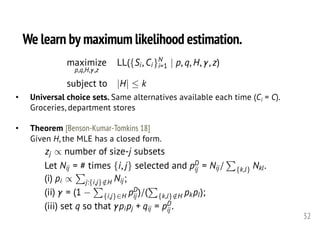 We learn by maximum likelihood estimation.
32
maximize
p,q,H, ,z
LL({Si, Ci}N
i=1 | p, q, H, , z)
subject to |H|  k<latexit sha1_base64="707x0S5/YqBTy1rPPzphETN+EXg=">AAAIEHicfVXdbts2FHa6rem0v3a93A27wEUXyI6dImuzIkCAFkWKpls2J22BMMso6UjiTFIKSTVOCL7EnmZ3w273BnuAvccOZaeJk2wyLNOH53wfzzkfyaQW3NjB4O+FGx98+NHNxVsfR598+tnnX9y+8+VrUzU6hb20EpV+mzADgivYs9wKeFtrYDIR8CYZPw3zb96BNrxSu/akhgPJCsVznjKLpsPb/9AECq4cHDWtZdnPDEzwQkHmo/uENipDCLCujslRTLZiQgsmJYvJqXfUwsQ6ySZc8lPwntzHD5lat7f9A+pGhzwmTw859YeObwz9z+57T+gTiuuy9Am5CvoNoTTwthimSX6F1BJbnUGLEEi2CNXtgAog44iCyt4vuv1znlJ0eHtp0B+0D7k6GM4GS53Zs3N45+ZdmlVpI0HZVDBj9oeD2h44pi1PBfiINgZqlo5ZAfs4VEyCOXBtPzzpoiUjeaXxqyxprdHFEMTR7GQOxVmWNILpybw1qaoxzhgfRfOcNn984LiqGwsqnVLmjcAqkdBmknGNRRMnZJ7X8vFprHgKuWZpzKSRzJZxzcM6Yzs+7RWa1WUs2RhSEOLcNF1VCBc80UyfhBSqYxMniFzoCiVi4ppZC1oZjLeaT2JTshpMnHMbp0yk4X8WYmpRWcn02PwXal+CZTjZVk6g8Hab3MJP2FmnIbv3eHAvEch70cOWUGgA5V37E3yOS27hkk8iGvAuvC94RF1SWlub71ZWUHJ9YxEbJmnJVAH9tJIrRw2YICWzMvx2bX11fcWA5Ci+BAUme8fclr2QRI+rXoKbD3Tr9/DR0vQnoqGgDDdnqE9EC1ElTKBuLQ1hm6BMo2EzqwQKYBO3ZlplsEE1CDY5i61w8fMi2t8dHrjQuCCAuS7v7I6YCsXVoOAYE5AM9wPNmeTiJIOcNcLixjX52XheJCYPqvBR9yKZwQ5CtjHor8ep5EiKshAoeSSwE5MHiPkkEZsqOwlQm9NgZ5b3ca+tHfjLST0D3GQaRicyqcRzTMlNUYx3P7za9k4FCsm9k95xXC4dgb3OGQ3Z5ZBkFjLjCAGjJsF22ia09HqCywyj569CSc4Idodz5XPJxDsjzkmC8zTavUDPUAMm6pL586X+8uJS1bNCAE/L3rT2181gow0eL/PngwwwF7ssR7yQyESnqgpwjibS0andX5GF3MbrIrsuYjbh5ymW6SRheh/FR8ukmjj6Lry7ES11g0dxCbwoLZ6uj9ZqS7pktwTCUtswQTAsomM8IQb91TWYdMnZ0yXP8KpjKgWSgD3G/Rt8CZIR05YxmlJ1Izz+A0Bv0B+C7J5Fj8pKY3W4KkilCIqKCMgtMTyDEHEhr6Whfw+CF8DD/wXRbSYtig9VwGtkePnSuDp4vdof4vJ+XF3afDm7UG51vup83XnQGXYedTY7W52dzl4nXXi5cLRwuuAWf1v8ffGPxT+nrjcWZjF3O3PP4l//AlS51bk=</latexit><latexit sha1_base64="707x0S5/YqBTy1rPPzphETN+EXg=">AAAIEHicfVXdbts2FHa6rem0v3a93A27wEUXyI6dImuzIkCAFkWKpls2J22BMMso6UjiTFIKSTVOCL7EnmZ3w273BnuAvccOZaeJk2wyLNOH53wfzzkfyaQW3NjB4O+FGx98+NHNxVsfR598+tnnX9y+8+VrUzU6hb20EpV+mzADgivYs9wKeFtrYDIR8CYZPw3zb96BNrxSu/akhgPJCsVznjKLpsPb/9AECq4cHDWtZdnPDEzwQkHmo/uENipDCLCujslRTLZiQgsmJYvJqXfUwsQ6ySZc8lPwntzHD5lat7f9A+pGhzwmTw859YeObwz9z+57T+gTiuuy9Am5CvoNoTTwthimSX6F1BJbnUGLEEi2CNXtgAog44iCyt4vuv1znlJ0eHtp0B+0D7k6GM4GS53Zs3N45+ZdmlVpI0HZVDBj9oeD2h44pi1PBfiINgZqlo5ZAfs4VEyCOXBtPzzpoiUjeaXxqyxprdHFEMTR7GQOxVmWNILpybw1qaoxzhgfRfOcNn984LiqGwsqnVLmjcAqkdBmknGNRRMnZJ7X8vFprHgKuWZpzKSRzJZxzcM6Yzs+7RWa1WUs2RhSEOLcNF1VCBc80UyfhBSqYxMniFzoCiVi4ppZC1oZjLeaT2JTshpMnHMbp0yk4X8WYmpRWcn02PwXal+CZTjZVk6g8Hab3MJP2FmnIbv3eHAvEch70cOWUGgA5V37E3yOS27hkk8iGvAuvC94RF1SWlub71ZWUHJ9YxEbJmnJVAH9tJIrRw2YICWzMvx2bX11fcWA5Ci+BAUme8fclr2QRI+rXoKbD3Tr9/DR0vQnoqGgDDdnqE9EC1ElTKBuLQ1hm6BMo2EzqwQKYBO3ZlplsEE1CDY5i61w8fMi2t8dHrjQuCCAuS7v7I6YCsXVoOAYE5AM9wPNmeTiJIOcNcLixjX52XheJCYPqvBR9yKZwQ5CtjHor8ep5EiKshAoeSSwE5MHiPkkEZsqOwlQm9NgZ5b3ca+tHfjLST0D3GQaRicyqcRzTMlNUYx3P7za9k4FCsm9k95xXC4dgb3OGQ3Z5ZBkFjLjCAGjJsF22ia09HqCywyj569CSc4Idodz5XPJxDsjzkmC8zTavUDPUAMm6pL586X+8uJS1bNCAE/L3rT2181gow0eL/PngwwwF7ssR7yQyESnqgpwjibS0andX5GF3MbrIrsuYjbh5ymW6SRheh/FR8ukmjj6Lry7ES11g0dxCbwoLZ6uj9ZqS7pktwTCUtswQTAsomM8IQb91TWYdMnZ0yXP8KpjKgWSgD3G/Rt8CZIR05YxmlJ1Izz+A0Bv0B+C7J5Fj8pKY3W4KkilCIqKCMgtMTyDEHEhr6Whfw+CF8DD/wXRbSYtig9VwGtkePnSuDp4vdof4vJ+XF3afDm7UG51vup83XnQGXYedTY7W52dzl4nXXi5cLRwuuAWf1v8ffGPxT+nrjcWZjF3O3PP4l//AlS51bk=</latexit><latexit sha1_base64="707x0S5/YqBTy1rPPzphETN+EXg=">AAAIEHicfVXdbts2FHa6rem0v3a93A27wEUXyI6dImuzIkCAFkWKpls2J22BMMso6UjiTFIKSTVOCL7EnmZ3w273BnuAvccOZaeJk2wyLNOH53wfzzkfyaQW3NjB4O+FGx98+NHNxVsfR598+tnnX9y+8+VrUzU6hb20EpV+mzADgivYs9wKeFtrYDIR8CYZPw3zb96BNrxSu/akhgPJCsVznjKLpsPb/9AECq4cHDWtZdnPDEzwQkHmo/uENipDCLCujslRTLZiQgsmJYvJqXfUwsQ6ySZc8lPwntzHD5lat7f9A+pGhzwmTw859YeObwz9z+57T+gTiuuy9Am5CvoNoTTwthimSX6F1BJbnUGLEEi2CNXtgAog44iCyt4vuv1znlJ0eHtp0B+0D7k6GM4GS53Zs3N45+ZdmlVpI0HZVDBj9oeD2h44pi1PBfiINgZqlo5ZAfs4VEyCOXBtPzzpoiUjeaXxqyxprdHFEMTR7GQOxVmWNILpybw1qaoxzhgfRfOcNn984LiqGwsqnVLmjcAqkdBmknGNRRMnZJ7X8vFprHgKuWZpzKSRzJZxzcM6Yzs+7RWa1WUs2RhSEOLcNF1VCBc80UyfhBSqYxMniFzoCiVi4ppZC1oZjLeaT2JTshpMnHMbp0yk4X8WYmpRWcn02PwXal+CZTjZVk6g8Hab3MJP2FmnIbv3eHAvEch70cOWUGgA5V37E3yOS27hkk8iGvAuvC94RF1SWlub71ZWUHJ9YxEbJmnJVAH9tJIrRw2YICWzMvx2bX11fcWA5Ci+BAUme8fclr2QRI+rXoKbD3Tr9/DR0vQnoqGgDDdnqE9EC1ElTKBuLQ1hm6BMo2EzqwQKYBO3ZlplsEE1CDY5i61w8fMi2t8dHrjQuCCAuS7v7I6YCsXVoOAYE5AM9wPNmeTiJIOcNcLixjX52XheJCYPqvBR9yKZwQ5CtjHor8ep5EiKshAoeSSwE5MHiPkkEZsqOwlQm9NgZ5b3ca+tHfjLST0D3GQaRicyqcRzTMlNUYx3P7za9k4FCsm9k95xXC4dgb3OGQ3Z5ZBkFjLjCAGjJsF22ia09HqCywyj569CSc4Idodz5XPJxDsjzkmC8zTavUDPUAMm6pL586X+8uJS1bNCAE/L3rT2181gow0eL/PngwwwF7ssR7yQyESnqgpwjibS0andX5GF3MbrIrsuYjbh5ymW6SRheh/FR8ukmjj6Lry7ES11g0dxCbwoLZ6uj9ZqS7pktwTCUtswQTAsomM8IQb91TWYdMnZ0yXP8KpjKgWSgD3G/Rt8CZIR05YxmlJ1Izz+A0Bv0B+C7J5Fj8pKY3W4KkilCIqKCMgtMTyDEHEhr6Whfw+CF8DD/wXRbSYtig9VwGtkePnSuDp4vdof4vJ+XF3afDm7UG51vup83XnQGXYedTY7W52dzl4nXXi5cLRwuuAWf1v8ffGPxT+nrjcWZjF3O3PP4l//AlS51bk=</latexit><latexit sha1_base64="707x0S5/YqBTy1rPPzphETN+EXg=">AAAIEHicfVXdbts2FHa6rem0v3a93A27wEUXyI6dImuzIkCAFkWKpls2J22BMMso6UjiTFIKSTVOCL7EnmZ3w273BnuAvccOZaeJk2wyLNOH53wfzzkfyaQW3NjB4O+FGx98+NHNxVsfR598+tnnX9y+8+VrUzU6hb20EpV+mzADgivYs9wKeFtrYDIR8CYZPw3zb96BNrxSu/akhgPJCsVznjKLpsPb/9AECq4cHDWtZdnPDEzwQkHmo/uENipDCLCujslRTLZiQgsmJYvJqXfUwsQ6ySZc8lPwntzHD5lat7f9A+pGhzwmTw859YeObwz9z+57T+gTiuuy9Am5CvoNoTTwthimSX6F1BJbnUGLEEi2CNXtgAog44iCyt4vuv1znlJ0eHtp0B+0D7k6GM4GS53Zs3N45+ZdmlVpI0HZVDBj9oeD2h44pi1PBfiINgZqlo5ZAfs4VEyCOXBtPzzpoiUjeaXxqyxprdHFEMTR7GQOxVmWNILpybw1qaoxzhgfRfOcNn984LiqGwsqnVLmjcAqkdBmknGNRRMnZJ7X8vFprHgKuWZpzKSRzJZxzcM6Yzs+7RWa1WUs2RhSEOLcNF1VCBc80UyfhBSqYxMniFzoCiVi4ppZC1oZjLeaT2JTshpMnHMbp0yk4X8WYmpRWcn02PwXal+CZTjZVk6g8Hab3MJP2FmnIbv3eHAvEch70cOWUGgA5V37E3yOS27hkk8iGvAuvC94RF1SWlub71ZWUHJ9YxEbJmnJVAH9tJIrRw2YICWzMvx2bX11fcWA5Ci+BAUme8fclr2QRI+rXoKbD3Tr9/DR0vQnoqGgDDdnqE9EC1ElTKBuLQ1hm6BMo2EzqwQKYBO3ZlplsEE1CDY5i61w8fMi2t8dHrjQuCCAuS7v7I6YCsXVoOAYE5AM9wPNmeTiJIOcNcLixjX52XheJCYPqvBR9yKZwQ5CtjHor8ep5EiKshAoeSSwE5MHiPkkEZsqOwlQm9NgZ5b3ca+tHfjLST0D3GQaRicyqcRzTMlNUYx3P7za9k4FCsm9k95xXC4dgb3OGQ3Z5ZBkFjLjCAGjJsF22ia09HqCywyj569CSc4Idodz5XPJxDsjzkmC8zTavUDPUAMm6pL586X+8uJS1bNCAE/L3rT2181gow0eL/PngwwwF7ssR7yQyESnqgpwjibS0andX5GF3MbrIrsuYjbh5ymW6SRheh/FR8ukmjj6Lry7ES11g0dxCbwoLZ6uj9ZqS7pktwTCUtswQTAsomM8IQb91TWYdMnZ0yXP8KpjKgWSgD3G/Rt8CZIR05YxmlJ1Izz+A0Bv0B+C7J5Fj8pKY3W4KkilCIqKCMgtMTyDEHEhr6Whfw+CF8DD/wXRbSYtig9VwGtkePnSuDp4vdof4vJ+XF3afDm7UG51vup83XnQGXYedTY7W52dzl4nXXi5cLRwuuAWf1v8ffGPxT+nrjcWZjF3O3PP4l//AlS51bk=</latexit>
• Universal choice sets. Same alternatives available each time (Ci = C).
Groceries, department stores
• Theorem [Benson-Kumar-Tomkins 18]
Given H, the MLE has a closed form.
zj / number of size-j subsets<latexit sha1_base64="2855M5I5vXprMlJCH/vANmMlU8s=">AAAK4Xic3VZbb9xEFHbbUIq5tfQRHqbEK6Wt99Yq9IIiRRBVrdpCYdOLFIcwto/Xk50ZuzPjZjcj/wAekBCvvPAn+DH8G87YG7K7DfyAWlqvPXOu3/nmHMclZ9oMBn+fO39h7b2L71/6wP/wo48/+fTylc9e6KJSCTxPCl6oVzHVwJmE54YZDq9KBVTEHF7Gk2/d/ss3oDQr5K6ZlbAv6FiyjCXU4NLBlQt/HR8ckqhURWkKEhmYGisrEYMiRUY0O4ZucBgQXcUajK79TlAeWHZY/2R3arJFvmteSJ9EuhIHNkIhOwl5XbudCa8DYnIgIEqm0CUn6CemMePMzJz9yLKQHEY1iSK/s8GuN9LogQWEKnDSZaFcoKiK4bnd0+AME6AJMyBIgApME4QBEgOp32GSUDnDBUMCFxTDHGVhcPlhEBLWg17Y+DnNvIn/kNwnK+J1m2LwdRMjeZcuBzliHkRjKgTFam4MSXehkg6FBoJ5yXeuY6HJxrLACUxOxt0O6+uIFZXpO4oXAjZmb0AifYImzTl8SKvg9ZyFxpFVUJPkK/RP8UArFleO0o7Cc24GYYvUnJfzeiA9SzybN8nr9pBtkZM6BL2Dy+uD3qC5yNsPw/nD+na//PVPz/OeHVy5eDVKi6QSIE3CqdZ7w0Fp9i3F45VwqP2o0lDSZELHsIePkuLh2rdNg6lJB1dSkhUKf9KQZtVfVEE7is6WrFhD44pTNV1ejYtigjvYSvxlnya7u2+ZLCsDMmldZlV77LFvIXQKzzafkWW/hk2OQ8kSyBRNQio0wp6HJXNxhmZy3B0rWuahoBNIgPPTpTYqp85ZrKiauRSKIx3GaHmsikqmOiypMaCkRn2s2zTUOS1BhxkzIZYzce+p0yl5YQRVE/1fVnsCDMXNBjmOTXK3ygz8CGltFaTX7g6uxRz9Lkogc8YKQNa2+XMyRzl2uxWZmFdQW3dfkEA65caU+n6/jx29pw3ahmmSUzmGXlKI/usKtCOh7g+/2rx3615fg0BWqxjHgugeMZN3XRJdJrsxThNQjdztO+vtnx85QClOG4ePH405tnUe4Wvk1LZB6krBdlpwJMA2zpqkSGErUsDp9ES3wOCXSbS3O9y3rnCOAEtVfrY7otKBq0DCESYg8OTZKKOC8VkKGa24qbElZSfPyyTRmWMFDq9FZxorCOnWoHcvTARDp0gLjpRHB2aqM2diOUm0HUkzdaa2W2Wrb+zhWdvcr1eT2gE8ZApGMxEX/AGmZFsrurbfP31SW+lcCFZbUVuG4UYjMGcJ40K6qhLPVeY+nMIIxzMO/6avnO1g1cPowVMHyYmD3eESfDae1lbzUydOuNW2j1DSYUB5mdP6NNSfH62gno45sCTvttiftYOF1thelvuDcGYWqyxGbCzQU9SyypmzUSxs1K7Xb9FCPMHvn/QsjflGveziRjSNqdpD8kV5XExt9MbdO36Uq4oDyYGNc4Pd9c5maUiH7GJLp4mpsJ+jmh9NsEMMerc2YXo67jpkB1s9lQmQGMwRnl8n28wL3cDot646PiGNge6gNwTROdEe5fjdA5LJMcFJ4YYIh8zg91gKTmMhr/Vh/a8RHAC3/9eIajJprNQOBRwjw9Wh8fbDi1u9IYb3A86Tx157XfI+9770Nryhd8fb9h56z7znXrL2xdo3a4/XnviJ/4v/m/97K3r+3Fznqrd0+X/8A4P4bgk=</latexit><latexit sha1_base64="GECkuabdf1JANMsBaWDIa3dCdac=">AAAK4Xic3VbdbtxEFN62oRTz19JLuJgSr5S23r9WIU1RpBVEVau2UNj0R8qEMLaP15OdGbsz42Y3lh+ACyTELS/BDQ/D23DG3pDdbeABamm99sz5/c435zjMBTe23//7wsVLa+9dfv/KB96HH338yadXr332wmSFjuB5lIlMvwqZAcEVPLfcCniVa2AyFPAynHzr9l++AW14pvbsLIcDycaKJzxiFpcOr1366+TwiNBcZ7nNCLUwtaUqZAiaZAkx/AQ6/pFPTBEasKby2n5+WPKj6qdytyI75Lv6hfQINYU8LCkKlZNAVJXbmYjKJzYFAjLnGl0Kgn5CFnLB7czZpyUPyBGtCKVee4PfrKXRA/cJ0+Ck80y7QFEVw3O7Z8FZLsEQbkESHxW4IQgDRBZir80VYWqGC5b4LiiOOarM4vJDPyC8C92g9nOWeR3/EblPVsSrJkX/6zpG8i5dDnLE3KdjJiXDam4MSGehkg6FGoJ5yXdvYqHJxrLAKUxOxt2OqpuIFVPxO4oXAjbmb0Ahffw6zTl8SCv/9ZyF1pFVMhulK/SP8UBrHhaO0o7Cc276QYPUnJfzeiA9czybt8nr5pDtkNM6+N3Dq+v9br++yNsPg/nD+rCX//rny8fDZ4fXLl+ncRYVEpSNBDNmf9DP7UHJ8HhFAiqPFgZyFk3YGPbxUTE8XAdl3WAq0saVmCSZxp+ypF71FlXQjmazJSulZWEhmJ4ur4ZZNsEdbCXesk+b3DsoucoLCypqXCZFc+yxbyF0Gs+2mJFlv5ZPTgLFI0g0iwImDcKeBjl3cQZ2ctIZa5angWQTiECIs6UmKqcueKiZnrkUsmMThGh5rLNCxSbImbWglUF9rNs0MCnLwQQJtwGWM3LvsdPJRWYl0xPzX1a7EizDzRo5gU1yr0gs/AhxVWqIb9zr3wgF+l2UQOaMNYCqyvrPyRyn2O1WZEJRQFW6+4IE0im1Njf3ez3s6F1j0TZMo5SpMXSjTPZeF2AcCU1v8NXm9p3tngGJrNYhjgXZOeY27bgkOlx1QpwmoGu5u1vrzZ9HHaAMp43Dx6NjgW1dUHylTm0IyhQahnEmkABDnDVRFsMO1SDY9FQ3w+CXSbS/NzgoXeEcAZaq/GxvxJQDV4OCY0xA4skracIkF7MYElYIW2FLSk6fl0liEscKHF6LzgxWEOKdfnc7iCRHp0gLgZRHB3ZqEmdiOUm0TZWdOlPDRrk0t/bxrG0eVKtJ7QIeMg2jmQwz8QBTKhsrpiq/f/qkKpVzIXlVyqrkGC4dgT1PGBfiVZVwrjL34RRGOJ5x+Nd95XwHqx5GD546SE4d7A2W4CvDaVUacebECTfa5SOUdBgwkaesOgv150crqMdjATxKOw325+1goQ22l+X+IJ2ZxSrLER9L9EQbVjlzJQ1lSZv16i1ayCf4/ROfpzHfqJZd3KLTkOl9JB9Nw2xa0jfu3vZoqgsBJAU+Ti12163N3JI22cOWziJbYD9HNY9OsEP0u3c2YXo27tpkF1s9UxGQEOwxnl8nW88LU8PoNa7aHiG1gU6/OwDZPtUepfjdA4qrMcFJ4YaIgMTi91gMTmMhr/VB9a8RHAB3/9eIrjOprVQOBRwjg9Wh8fbDizvdAYb3A86Tx63mutL6vPVla6M1aG21hq2HrWet561o7Yu1b9Yerz3xIu8X7zfv90b04oW5zvXW0uX98Q/AOW77</latexit><latexit sha1_base64="GECkuabdf1JANMsBaWDIa3dCdac=">AAAK4Xic3VbdbtxEFN62oRTz19JLuJgSr5S23r9WIU1RpBVEVau2UNj0R8qEMLaP15OdGbsz42Y3lh+ACyTELS/BDQ/D23DG3pDdbeABamm99sz5/c435zjMBTe23//7wsVLa+9dfv/KB96HH338yadXr332wmSFjuB5lIlMvwqZAcEVPLfcCniVa2AyFPAynHzr9l++AW14pvbsLIcDycaKJzxiFpcOr1366+TwiNBcZ7nNCLUwtaUqZAiaZAkx/AQ6/pFPTBEasKby2n5+WPKj6qdytyI75Lv6hfQINYU8LCkKlZNAVJXbmYjKJzYFAjLnGl0Kgn5CFnLB7czZpyUPyBGtCKVee4PfrKXRA/cJ0+Ck80y7QFEVw3O7Z8FZLsEQbkESHxW4IQgDRBZir80VYWqGC5b4LiiOOarM4vJDPyC8C92g9nOWeR3/EblPVsSrJkX/6zpG8i5dDnLE3KdjJiXDam4MSGehkg6FGoJ5yXdvYqHJxrLAKUxOxt2OqpuIFVPxO4oXAjbmb0Ahffw6zTl8SCv/9ZyF1pFVMhulK/SP8UBrHhaO0o7Cc276QYPUnJfzeiA9czybt8nr5pDtkNM6+N3Dq+v9br++yNsPg/nD+rCX//rny8fDZ4fXLl+ncRYVEpSNBDNmf9DP7UHJ8HhFAiqPFgZyFk3YGPbxUTE8XAdl3WAq0saVmCSZxp+ypF71FlXQjmazJSulZWEhmJ4ur4ZZNsEdbCXesk+b3DsoucoLCypqXCZFc+yxbyF0Gs+2mJFlv5ZPTgLFI0g0iwImDcKeBjl3cQZ2ctIZa5angWQTiECIs6UmKqcueKiZnrkUsmMThGh5rLNCxSbImbWglUF9rNs0MCnLwQQJtwGWM3LvsdPJRWYl0xPzX1a7EizDzRo5gU1yr0gs/AhxVWqIb9zr3wgF+l2UQOaMNYCqyvrPyRyn2O1WZEJRQFW6+4IE0im1Njf3ez3s6F1j0TZMo5SpMXSjTPZeF2AcCU1v8NXm9p3tngGJrNYhjgXZOeY27bgkOlx1QpwmoGu5u1vrzZ9HHaAMp43Dx6NjgW1dUHylTm0IyhQahnEmkABDnDVRFsMO1SDY9FQ3w+CXSbS/NzgoXeEcAZaq/GxvxJQDV4OCY0xA4skracIkF7MYElYIW2FLSk6fl0liEscKHF6LzgxWEOKdfnc7iCRHp0gLgZRHB3ZqEmdiOUm0TZWdOlPDRrk0t/bxrG0eVKtJ7QIeMg2jmQwz8QBTKhsrpiq/f/qkKpVzIXlVyqrkGC4dgT1PGBfiVZVwrjL34RRGOJ5x+Nd95XwHqx5GD546SE4d7A2W4CvDaVUacebECTfa5SOUdBgwkaesOgv150crqMdjATxKOw325+1goQ22l+X+IJ2ZxSrLER9L9EQbVjlzJQ1lSZv16i1ayCf4/ROfpzHfqJZd3KLTkOl9JB9Nw2xa0jfu3vZoqgsBJAU+Ti12163N3JI22cOWziJbYD9HNY9OsEP0u3c2YXo27tpkF1s9UxGQEOwxnl8nW88LU8PoNa7aHiG1gU6/OwDZPtUepfjdA4qrMcFJ4YaIgMTi91gMTmMhr/VB9a8RHAB3/9eIrjOprVQOBRwjg9Wh8fbDizvdAYb3A86Tx63mutL6vPVla6M1aG21hq2HrWet561o7Yu1b9Yerz3xIu8X7zfv90b04oW5zvXW0uX98Q/AOW77</latexit><latexit sha1_base64="o0Mua147WDjqqenu5N2UDVjJE78=">AAAK4Xic3Vbrbts2FHbbrOu0W7v+3H6wiwyknezYLbJehgDBFhQt2m7dnF6AMMso6chiTFIqSTV2CD3A/g37u+fYw+xtdig5i+1me4AJsCyR5/qdj+coLgU3djD468LFS2vvXX7/ygfBhx99/MmnV6999tIUlU7gRVKIQr+OmQHBFbyw3Ap4XWpgMhbwKp585/dfvQVteKH27KyEA8nGimc8YRaXDq9d+vPk8IjQUhelLQi1MLVOVTIGTYqMGH4CvfAoJKaKDVhTB92wPHT8qP7Z7dZkm3zfvJBNQk0lDx1FITeJRF37nYmoQ2JzICBLrtGlIOgnZjEX3M68fep4RI5oTSgNuhv8ZiONHnhImAYvXRbaB4qqGJ7fPQvOcgmGcAuShKjADUEYILGQBl2uCFMzXLAk9EFxzFEVFpcfhRHhfehHjZ+zzJv4j8gDsiJetymG3zQxkv/T5SFHzEM6ZlIyrObGkPQWKulRaCCYl3z3JhaabCwLnMLkZfztqL6JWDGV/k/xQsDG/C0opE/YpDmHD2kVvpmz0HqySmaTfIX+KR5ozePKU9pTeM7NMGqRmvNyXg+kZ4ln8yvypj1k2+S0DmH/8Or6oD9oLvLuw3D+sN6ZX88Pr12+TtMiqSQomwhmzP5wUNoDx/B4JQLqgFYGSpZM2Bj28VExPFwHrmkwNeniSkqyQuNPWdKsBosqaEez2ZIVZ1lcCaany6txUUxwB1tJsOzTZvcOHFdlZUElrcusao899i2ETuPZFjOy7NfyyUmkeAKZZknEpEHY86jkPs7ITk56Y83KPJJsAgkIcbbURuXVBY810zOfQnFsohgtj3VRqdREJbMWtDKoj3WbRiZnJZgo4zbCcib+PfU6pSisZHpi/s1qX4JluNkgJ7BJ7lWZhZ8grZ2G9Ma9wY1YoN9FCWTOWAOo2jV/XuY4x263IhOLCmrn7wsSSKfc2tI82NzEjt43Fm3DNMmZGkM/KeTmmwqMJ6HZHH69df/2/U0DElmtYxwLsnfMbd7zSfS46sU4TUA3cnfurrd/AfWAMpw2Hp+AjgW2dUHxlXq1HVCm0rCTFgIJsIOzJilS2KYaBJue6hYY/DKJ9veGB84XzhNgqcrP90ZMeXA1KDjGBCSePEczJrmYpZCxStgaW1J2+rxMEpN5VuDwWnRmsIKQbg/696NEcnSKtBBIeXRgpybzJpaTRNtU2ak3tdMqO3NrH8/a1kG9mtQu4CHTMJrJuBAPMSXXWjG1++HZ09op70Ly2snacQyXjsCeJ4wL6apKPFeZ+/AKIxzPOPybvnK+g1UPo4fPPCSnDvaGS/C5eFo7I86ceOFW2z1GSY8BE2XO6rNQf3m8gno6FsCTvNdif94OFtpge1nuD9KbWayyHPGxRE+0ZZU352gsHW3X63doIZ/i9096nsZ8o152cYtOY6b3kXw0j4upo2/9vRvQXFcCSA58nFvsrne3Sku6ZA9bOktshf0c1QI6wQ4x6N/egunZuOuSXWz1TCVAYrDHeH69bDMvTANj0LrqBoQ0BnqD/hBk91R7lON3DyiuxgQnhR8iAjKL32MpeI2FvNaH9T9GcADc+U8jusmksVJ7FHCMDFeHxrsPL2/3hxjej4P1nSfzgXKl83nny85GZ9i529npPOo877zoJGtfrH279mTtaZAEvwa/Bb+3ohcvzHWud5au4I+/Afz0a/0=</latexit>
Let Nij = # times {i, j} selected and pD
ij = Nij/
P
{k,l} Nkl.
(i) pi /
P
j:{i,j} /2H Nij;
(ii) = (1
P
{i,j}2H pD
ij )/(
P
{k,l} /2H pkpl);
(iii) set q so that pipj + qij = pD
ij .<latexit sha1_base64="rg6rDbYXTGT5hVTWOS63WTy5VeY=">AAAIa3icfVXdbts2FLa7rc20v3a923bBLjaQdrJjp8jSdigWYEHRYu3W1UlbIMwySjqyGJOSQlKNU4Kvs6fZ7QbsIfYOO5TsxE6zCbBEk+f7vsPzQ0al4NoMBn+3r7z3/gdXr618GHz08Seffnb9xucvdVGpGPbiQhTqdcQ0CJ7DnuFGwOtSAZORgFfR5Ae//uoNKM2LfNeclnAg2TjnKY+ZwanDG+3vaV7wPIHckKdgSOenQ8uPHHlI6GqHGC5Bkw61PCRH1HUICkFsICEsT0inrG1/tTvefgZcJ1RX8tBSOwkFdc7PT4Tr9AmlwRq/7VGc0FIVpSlmtkfkAZlrEPTH8Jw8dg1h57sG6JF0zKRkqLU2JL0znTmuBs1c2rmNjpC1c1eIWKRGq4l/CXf7jB8FtA/AMe6yICZj5kwQPS4Pj8g35HgenLlMp394fXXQH9QPeXcwnA1WW7Pn+eGNqzdpUsSVxJDHgmm9PxyU5sAyZXgswAW00lCyeMLGsI/DnGEODmydake6OJOQtFD4w5TVs8EiBHkUO11isYZFlWBqujwbFcUEV7QLgmVNk947sDwvKwN53EimlSCYLl9BJOEKa0CckmVdwydvw5zHkCoWh0xqyUwWltz7GZrJ295YsTILJZtADEKcTzVeebjgkWLq1G+hONFhhMxjVVR5osOSGQMq14g3ik9DnbESdJhyE8ZMxP5/4jGlKIxkaqL/i7UvwTBcrCMnwNjdKjXwAhJnFSS37g1uRQJ1Fy1MBmMFkDtbf7zNScYNXLCJRAXO+veCRdAlmTGlfrC+bmDa1wa5YRpnLB9DPy7k+nEF2reiXh9+u3l/4/66BsmxYyNsUNk74Sbr+U30eN6LsK9B1XZ3t1abT0B9QBn2vY9PQMeiiJig+Jd62DbkulKwnRQCC2Abuz4uEnhIFQg2nWMLdH65iPZ3hwfWJ84XwFKWn++OWO6DqyCHE9yAxJPA0pRJLk4TSFkljLNUp/PxcpHo1FeFC7qLYhozCMnDQf9+GEuOolgWAkseBcxUp55ieZPITXMz9VTbDdjqO/vYa5sH7uKmdgCbTMHoVEaFeIRbsg2LdvbnZ0+dzb2E5M5KZzm6S0dgLjPGieQiJJpBZhoeMKoiTKepfEovF7ioMHr0zIdkLrA7XAqfjabOanEu4o0btH2Clj4GTJQZc+eu/vbkQtSTsQAeZ70m9petYKI1Hi/L54P0NItZliM+lqhEm6rydJZG0tJm3r1TFvIp3kTJZYjZgluWuEOnEVP7WHw0i4qppW/8uxvQTFUCSAZ8nBk8Xbc2S0O6ZDcDwmJTMUEQFtAJnhCD/sYmTLtk/nTJDt6iLI+BRGBOsH+9bX1/6TqMQSPVDQipCXqD/hBkd44eZYXC6PB8TIocrwUgAlJDNE/AIxb2tTp0ZyR4Adz9XxJV76RmcT4KeI0ML14a7w5ebvSH6N4vG6vbP84ulJXWl62vW2utYWurtd163Hre2mvF7d/bf7T/bP917Z+VmytfrHzVmF5pzzA3W0vPSvdf4ALtwA==</latexit><latexit sha1_base64="rg6rDbYXTGT5hVTWOS63WTy5VeY=">AAAIa3icfVXdbts2FLa7rc20v3a923bBLjaQdrJjp8jSdigWYEHRYu3W1UlbIMwySjqyGJOSQlKNU4Kvs6fZ7QbsIfYOO5TsxE6zCbBEk+f7vsPzQ0al4NoMBn+3r7z3/gdXr618GHz08Seffnb9xucvdVGpGPbiQhTqdcQ0CJ7DnuFGwOtSAZORgFfR5Ae//uoNKM2LfNeclnAg2TjnKY+ZwanDG+3vaV7wPIHckKdgSOenQ8uPHHlI6GqHGC5Bkw61PCRH1HUICkFsICEsT0inrG1/tTvefgZcJ1RX8tBSOwkFdc7PT4Tr9AmlwRq/7VGc0FIVpSlmtkfkAZlrEPTH8Jw8dg1h57sG6JF0zKRkqLU2JL0znTmuBs1c2rmNjpC1c1eIWKRGq4l/CXf7jB8FtA/AMe6yICZj5kwQPS4Pj8g35HgenLlMp394fXXQH9QPeXcwnA1WW7Pn+eGNqzdpUsSVxJDHgmm9PxyU5sAyZXgswAW00lCyeMLGsI/DnGEODmydake6OJOQtFD4w5TVs8EiBHkUO11isYZFlWBqujwbFcUEV7QLgmVNk947sDwvKwN53EimlSCYLl9BJOEKa0CckmVdwydvw5zHkCoWh0xqyUwWltz7GZrJ295YsTILJZtADEKcTzVeebjgkWLq1G+hONFhhMxjVVR5osOSGQMq14g3ik9DnbESdJhyE8ZMxP5/4jGlKIxkaqL/i7UvwTBcrCMnwNjdKjXwAhJnFSS37g1uRQJ1Fy1MBmMFkDtbf7zNScYNXLCJRAXO+veCRdAlmTGlfrC+bmDa1wa5YRpnLB9DPy7k+nEF2reiXh9+u3l/4/66BsmxYyNsUNk74Sbr+U30eN6LsK9B1XZ3t1abT0B9QBn2vY9PQMeiiJig+Jd62DbkulKwnRQCC2Abuz4uEnhIFQg2nWMLdH65iPZ3hwfWJ84XwFKWn++OWO6DqyCHE9yAxJPA0pRJLk4TSFkljLNUp/PxcpHo1FeFC7qLYhozCMnDQf9+GEuOolgWAkseBcxUp55ieZPITXMz9VTbDdjqO/vYa5sH7uKmdgCbTMHoVEaFeIRbsg2LdvbnZ0+dzb2E5M5KZzm6S0dgLjPGieQiJJpBZhoeMKoiTKepfEovF7ioMHr0zIdkLrA7XAqfjabOanEu4o0btH2Clj4GTJQZc+eu/vbkQtSTsQAeZ70m9petYKI1Hi/L54P0NItZliM+lqhEm6rydJZG0tJm3r1TFvIp3kTJZYjZgluWuEOnEVP7WHw0i4qppW/8uxvQTFUCSAZ8nBk8Xbc2S0O6ZDcDwmJTMUEQFtAJnhCD/sYmTLtk/nTJDt6iLI+BRGBOsH+9bX1/6TqMQSPVDQipCXqD/hBkd44eZYXC6PB8TIocrwUgAlJDNE/AIxb2tTp0ZyR4Adz9XxJV76RmcT4KeI0ML14a7w5ebvSH6N4vG6vbP84ulJXWl62vW2utYWurtd163Hre2mvF7d/bf7T/bP917Z+VmytfrHzVmF5pzzA3W0vPSvdf4ALtwA==</latexit><latexit sha1_base64="rg6rDbYXTGT5hVTWOS63WTy5VeY=">AAAIa3icfVXdbts2FLa7rc20v3a923bBLjaQdrJjp8jSdigWYEHRYu3W1UlbIMwySjqyGJOSQlKNU4Kvs6fZ7QbsIfYOO5TsxE6zCbBEk+f7vsPzQ0al4NoMBn+3r7z3/gdXr618GHz08Seffnb9xucvdVGpGPbiQhTqdcQ0CJ7DnuFGwOtSAZORgFfR5Ae//uoNKM2LfNeclnAg2TjnKY+ZwanDG+3vaV7wPIHckKdgSOenQ8uPHHlI6GqHGC5Bkw61PCRH1HUICkFsICEsT0inrG1/tTvefgZcJ1RX8tBSOwkFdc7PT4Tr9AmlwRq/7VGc0FIVpSlmtkfkAZlrEPTH8Jw8dg1h57sG6JF0zKRkqLU2JL0znTmuBs1c2rmNjpC1c1eIWKRGq4l/CXf7jB8FtA/AMe6yICZj5kwQPS4Pj8g35HgenLlMp394fXXQH9QPeXcwnA1WW7Pn+eGNqzdpUsSVxJDHgmm9PxyU5sAyZXgswAW00lCyeMLGsI/DnGEODmydake6OJOQtFD4w5TVs8EiBHkUO11isYZFlWBqujwbFcUEV7QLgmVNk947sDwvKwN53EimlSCYLl9BJOEKa0CckmVdwydvw5zHkCoWh0xqyUwWltz7GZrJ295YsTILJZtADEKcTzVeebjgkWLq1G+hONFhhMxjVVR5osOSGQMq14g3ik9DnbESdJhyE8ZMxP5/4jGlKIxkaqL/i7UvwTBcrCMnwNjdKjXwAhJnFSS37g1uRQJ1Fy1MBmMFkDtbf7zNScYNXLCJRAXO+veCRdAlmTGlfrC+bmDa1wa5YRpnLB9DPy7k+nEF2reiXh9+u3l/4/66BsmxYyNsUNk74Sbr+U30eN6LsK9B1XZ3t1abT0B9QBn2vY9PQMeiiJig+Jd62DbkulKwnRQCC2Abuz4uEnhIFQg2nWMLdH65iPZ3hwfWJ84XwFKWn++OWO6DqyCHE9yAxJPA0pRJLk4TSFkljLNUp/PxcpHo1FeFC7qLYhozCMnDQf9+GEuOolgWAkseBcxUp55ieZPITXMz9VTbDdjqO/vYa5sH7uKmdgCbTMHoVEaFeIRbsg2LdvbnZ0+dzb2E5M5KZzm6S0dgLjPGieQiJJpBZhoeMKoiTKepfEovF7ioMHr0zIdkLrA7XAqfjabOanEu4o0btH2Clj4GTJQZc+eu/vbkQtSTsQAeZ70m9petYKI1Hi/L54P0NItZliM+lqhEm6rydJZG0tJm3r1TFvIp3kTJZYjZgluWuEOnEVP7WHw0i4qppW/8uxvQTFUCSAZ8nBk8Xbc2S0O6ZDcDwmJTMUEQFtAJnhCD/sYmTLtk/nTJDt6iLI+BRGBOsH+9bX1/6TqMQSPVDQipCXqD/hBkd44eZYXC6PB8TIocrwUgAlJDNE/AIxb2tTp0ZyR4Adz9XxJV76RmcT4KeI0ML14a7w5ebvSH6N4vG6vbP84ulJXWl62vW2utYWurtd163Hre2mvF7d/bf7T/bP917Z+VmytfrHzVmF5pzzA3W0vPSvdf4ALtwA==</latexit><latexit sha1_base64="rg6rDbYXTGT5hVTWOS63WTy5VeY=">AAAIa3icfVXdbts2FLa7rc20v3a923bBLjaQdrJjp8jSdigWYEHRYu3W1UlbIMwySjqyGJOSQlKNU4Kvs6fZ7QbsIfYOO5TsxE6zCbBEk+f7vsPzQ0al4NoMBn+3r7z3/gdXr618GHz08Seffnb9xucvdVGpGPbiQhTqdcQ0CJ7DnuFGwOtSAZORgFfR5Ae//uoNKM2LfNeclnAg2TjnKY+ZwanDG+3vaV7wPIHckKdgSOenQ8uPHHlI6GqHGC5Bkw61PCRH1HUICkFsICEsT0inrG1/tTvefgZcJ1RX8tBSOwkFdc7PT4Tr9AmlwRq/7VGc0FIVpSlmtkfkAZlrEPTH8Jw8dg1h57sG6JF0zKRkqLU2JL0znTmuBs1c2rmNjpC1c1eIWKRGq4l/CXf7jB8FtA/AMe6yICZj5kwQPS4Pj8g35HgenLlMp394fXXQH9QPeXcwnA1WW7Pn+eGNqzdpUsSVxJDHgmm9PxyU5sAyZXgswAW00lCyeMLGsI/DnGEODmydake6OJOQtFD4w5TVs8EiBHkUO11isYZFlWBqujwbFcUEV7QLgmVNk947sDwvKwN53EimlSCYLl9BJOEKa0CckmVdwydvw5zHkCoWh0xqyUwWltz7GZrJ295YsTILJZtADEKcTzVeebjgkWLq1G+hONFhhMxjVVR5osOSGQMq14g3ik9DnbESdJhyE8ZMxP5/4jGlKIxkaqL/i7UvwTBcrCMnwNjdKjXwAhJnFSS37g1uRQJ1Fy1MBmMFkDtbf7zNScYNXLCJRAXO+veCRdAlmTGlfrC+bmDa1wa5YRpnLB9DPy7k+nEF2reiXh9+u3l/4/66BsmxYyNsUNk74Sbr+U30eN6LsK9B1XZ3t1abT0B9QBn2vY9PQMeiiJig+Jd62DbkulKwnRQCC2Abuz4uEnhIFQg2nWMLdH65iPZ3hwfWJ84XwFKWn++OWO6DqyCHE9yAxJPA0pRJLk4TSFkljLNUp/PxcpHo1FeFC7qLYhozCMnDQf9+GEuOolgWAkseBcxUp55ieZPITXMz9VTbDdjqO/vYa5sH7uKmdgCbTMHoVEaFeIRbsg2LdvbnZ0+dzb2E5M5KZzm6S0dgLjPGieQiJJpBZhoeMKoiTKepfEovF7ioMHr0zIdkLrA7XAqfjabOanEu4o0btH2Clj4GTJQZc+eu/vbkQtSTsQAeZ70m9petYKI1Hi/L54P0NItZliM+lqhEm6rydJZG0tJm3r1TFvIp3kTJZYjZgluWuEOnEVP7WHw0i4qppW/8uxvQTFUCSAZ8nBk8Xbc2S0O6ZDcDwmJTMUEQFtAJnhCD/sYmTLtk/nTJDt6iLI+BRGBOsH+9bX1/6TqMQSPVDQipCXqD/hBkd44eZYXC6PB8TIocrwUgAlJDNE/AIxb2tTp0ZyR4Adz9XxJV76RmcT4KeI0ML14a7w5ebvSH6N4vG6vbP84ulJXWl62vW2utYWurtd163Hre2mvF7d/bf7T/bP917Z+VmytfrHzVmF5pzzA3W0vPSvdf4ALtwA==</latexit>
 