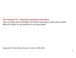4
Set Prediction #1. Individuals repeating interactions.
Given a history of an individual’s set-based interactions, which ones repeat?
Who will repeat as my coauthors on my next paper?
Sequences of Sets. Benson, Kumar, & Tomkins. KDD, 2018.
 