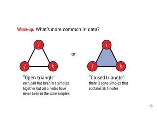 46
i
j k
i
j k
Warm-up. What’s more common in data?
or
“Open triangle”
each pair has been in a simplex
together but all 3 nodes have
never been in the same simplex
“Closed triangle”
there is some simplex that
contains all 3 nodes
 