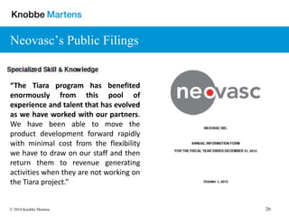 20© 2018 Knobbe Martens
Neovasc’s Public Filings
“The Tiara program has benefited
enormously from this pool of
experience and talent that has evolved
as we have worked with our partners.
We have been able to move the
product development forward rapidly
with minimal cost from the flexibility
we have to draw on our staff and then
return them to revenue generating
activities when they are not working on
the Tiara project.”
 