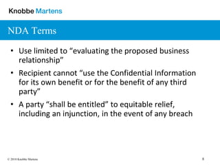 8© 2018 Knobbe Martens
NDA Terms
• Use limited to “evaluating the proposed business
relationship”
• Recipient cannot “use the Confidential Information
for its own benefit or for the benefit of any third
party”
• A party “shall be entitled” to equitable relief,
including an injunction, in the event of any breach
 