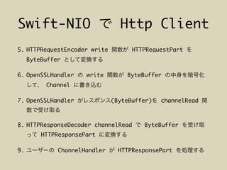 Swift-NIO Http Client
5. HTTPRequestEncoder write HTTPRequestPart
ByteBuffer
6. OpenSSLHandler write ByteBuffer
Channel
7. OpenSSLHandler (ByteBuffer) channelRead
8. HTTPResponseDecoder channelRead ByteBuffer
HTTPResponsePart
9. ChannelHandler HTTPResponsePart
 