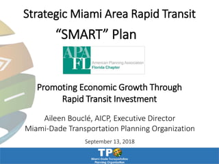 Strategic Miami Area Rapid Transit
Aileen Bouclé, AICP, Executive Director
Miami-Dade Transportation Planning Organization
September 13, 2018
Promoting Economic Growth Through
Rapid Transit Investment
“SMART” Plan
 
