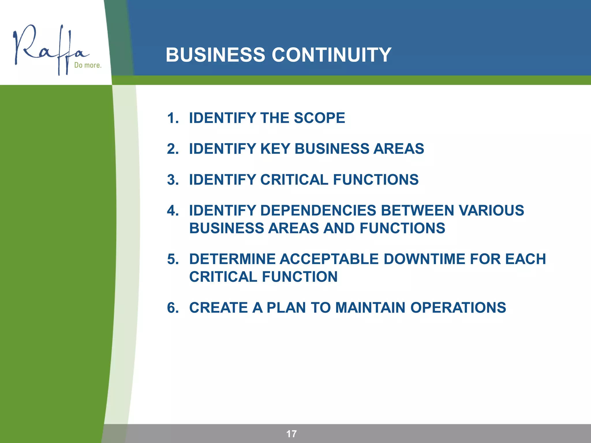 BUSINESS CONTINUITY
17
1. IDENTIFY THE SCOPE
2. IDENTIFY KEY BUSINESS AREAS
3. IDENTIFY CRITICAL FUNCTIONS
4. IDENTIFY DEPENDENCIES BETWEEN VARIOUS
BUSINESS AREAS AND FUNCTIONS
5. DETERMINE ACCEPTABLE DOWNTIME FOR EACH
CRITICAL FUNCTION
6. CREATE A PLAN TO MAINTAIN OPERATIONS
 