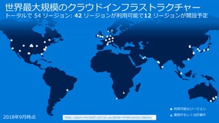 世界最大規模のクラウドインフラストラクチャー
トータルで 54 リージョン: 42 リージョンが利用可能で12 リージョンが開設予定
利用可能なリージョン
建設中もしくは計画中
2018年9月時点 https://azure.microsoft.com/en-us/global-infrastructure/regions/
 