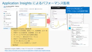 Application Insights によるパフォーマンス監視
https://docs.microsoft.com/ja-jp/azure/application-insights/app-insights-devops
…などなど
メトリックに応じて
アラートルールを設定可能
 