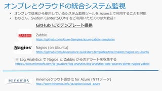 オンプレとクラウドの統合システム監視
https://docs.microsoft.com/ja-jp/azure/log-analytics/log-analytics-data-sources-alerts-nagios-zabbix
https://github.com/Azure-Samples/azure-zabbix-templates
https://github.com/Azure/azure-quickstart-templates/tree/master/nagios-on-ubuntu
http://www.hinemos.info/ja/option/cloud_azure
 