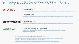 3rd Party によるバックアップソリューション
• NetBackup
https://azuremarketplace.microsoft.com/ja-jp/marketplace/apps/veritas.veritas-netbackup-8-s?tab=Overview
• Backup Exec
https://azuremarketplace.microsoft.com/ja-jp/marketplace/apps/veritas.backup-exec-16?tab=Overview
• COMMVAULT
https://azuremarketplace.microsoft.com/ja-jp/marketplace/apps/commvault.commvault?tab=Overview
• Veeam Backup & Replication
https://azuremarketplace.microsoft.com/ja-jp/marketplace/apps/veeam.veeam-backup-
replication?tab=Overview
https://azure.microsoft.com/ja-jp/solutions/architecture/backup-archive-on-premises-applications/
https://azure.microsoft.com/ja-jp/solutions/architecture/backup-archive-cloud-application/
 