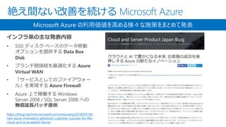 絶え間ない改善を続ける Microsoft Azure
https://blogs.technet.microsoft.com/mssvrpmj/2018/07/30/
new-azure-innovation-advances-customer-success-for-the-
cloud-and-ai-powered-future/
インフラ系の主な発表内容
• SSD ディスク ベースのデータ移動
オプションを提供する Data Box
Disk
• ブランチ間接続を最適化する Azure
Virtual WAN
• 「サービスとしてのファイアウォー
ル」を実現する Azure Firewall
• Azure 上で稼働する Windows
Server 2008 / SQL Server 2008 への
無償延長パッチ提供
Microsoft Azure の利用価値を高める様々な施策をまとめて発表
 