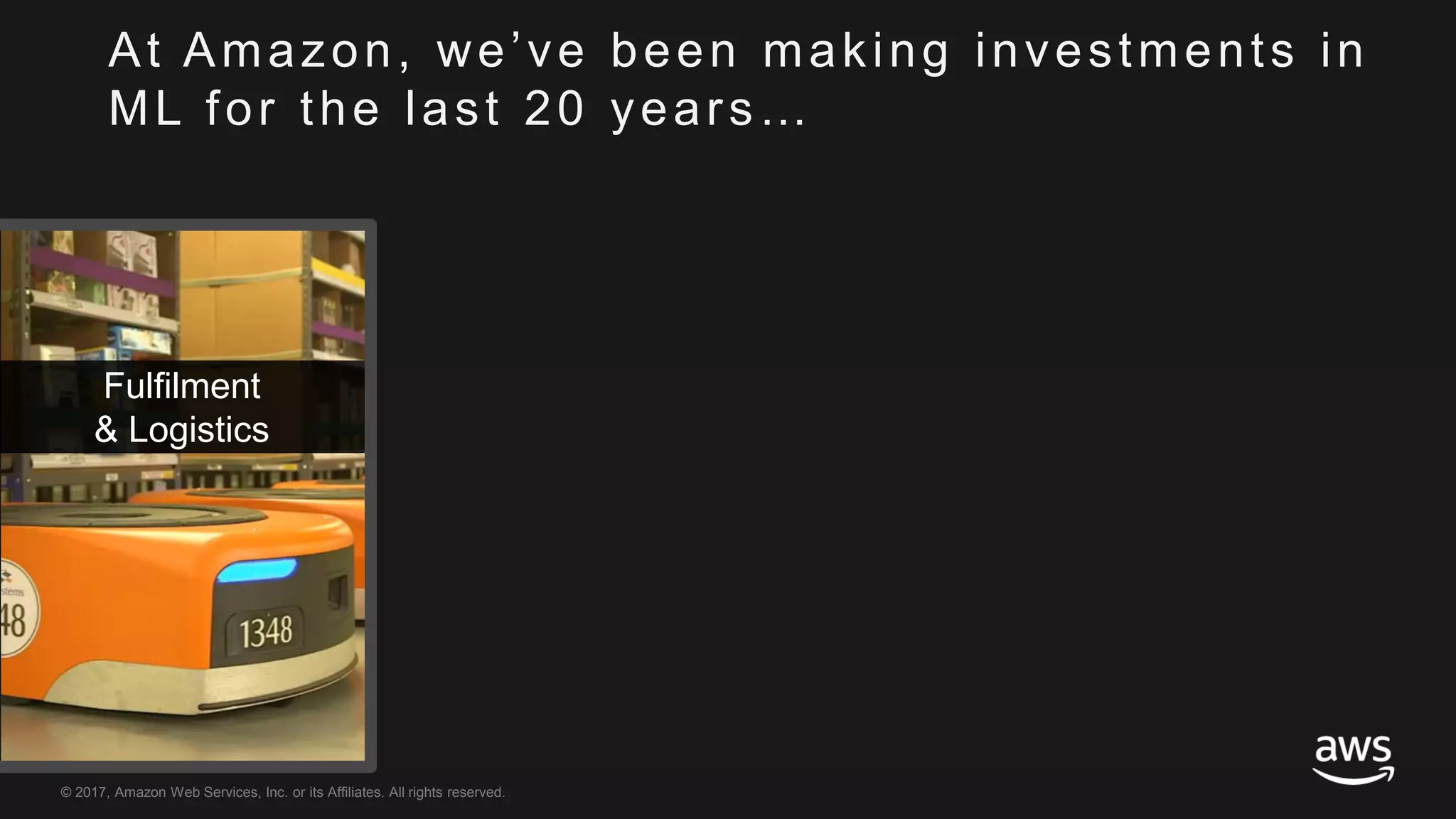 © 2017, Amazon Web Services, Inc. or its Affiliates. All rights reserved.
Fulfilment
& Logistics
At Amazon, we’ve been making investments in
ML for the last 20 years…
 