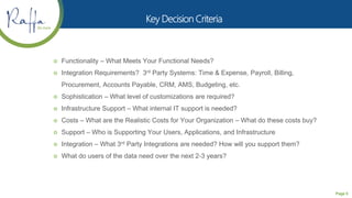 Page 5
 Functionality – What Meets Your Functional Needs?
 Integration Requirements? 3rd Party Systems: Time & Expense, Payroll, Billing,
Procurement, Accounts Payable, CRM, AMS, Budgeting, etc.
 Sophistication – What level of customizations are required?
 Infrastructure Support – What internal IT support is needed?
 Costs – What are the Realistic Costs for Your Organization – What do these costs buy?
 Support – Who is Supporting Your Users, Applications, and Infrastructure
 Integration – What 3rd Party Integrations are needed? How will you support them?
 What do users of the data need over the next 2-3 years?
 