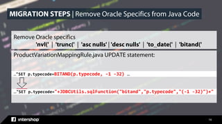16
Remove Oracle specifics
'nvl(' | 'trunc(' | 'asc nulls' | 'desc nulls' | 'to_date(' | 'bitand('
ProductVariationMappingRule.java UPDATE statement:
…"SET p.typecode=BITAND(p.typecode, -1 -32) …
…"SET p.typecode="+JDBCUtils.sqlFunction("bitand","p.typecode","(-1 -32)")+"
MIGRATION STEPS | Remove Oracle Specifics from Java Code
 