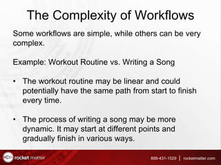 The Complexity of Workflows
Some workflows are simple, while others can be very
complex.
Example: Workout Routine vs. Writ...