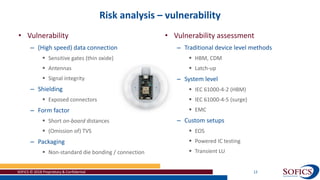 Risk analysis – vulnerability
SOFICS © 2018 Proprietary & Confidential 12
• Vulnerability
– (High speed) data connection
 Sensitive gates (thin oxide)
 Antennas
 Signal integrity
– Shielding
 Exposed connectors
– Form factor
 Short on-board distances
 (Omission of) TVS
– Packaging
 Non-standard die bonding / connection
• Vulnerability assessment
– Traditional device level methods
 HBM, CDM
 Latch-up
– System level
 IEC 61000-4-2 (HBM)
 IEC 61000-4-5 (surge)
 EMC
– Custom setups
 EOS
 Powered IC testing
 Transient LU
 