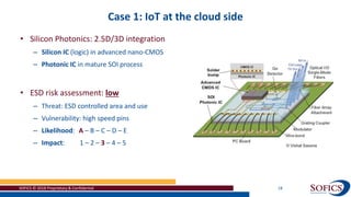 Case 1: IoT at the cloud side
SOFICS © 2018 Proprietary & Confidential 18
• Silicon Photonics: 2.5D/3D integration
– Silicon IC (logic) in advanced nano-CMOS
– Photonic IC in mature SOI process
• ESD risk assessment: low
– Threat: ESD controlled area and use
– Vulnerability: high speed pins
– Likelihood: A – B – C – D – E
– Impact: 1 – 2 – 3 – 4 – 5
 