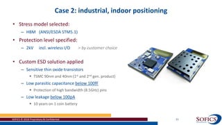 Case 2: industrial, indoor positioning
SOFICS © 2018 Proprietary & Confidential 21
• Stress model selected:
– HBM (ANSI/ESDA STM5.1)
• Protection level specified:
– 2kV incl. wireless I/O > by customer choice
• Custom ESD solution applied
– Sensitive thin oxide transistors
 TSMC 90nm and 40nm (1st and 2nd gen. product)
– Low parasitic capacitance below 100fF
 Protection of high bandwidth (8.5GHz) pins
– Low leakage below 100pA
 10 years on 1 coin battery
 