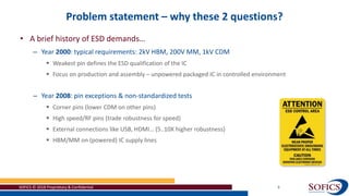 Problem statement – why these 2 questions?
SOFICS © 2018 Proprietary & Confidential 3
• A brief history of ESD demands…
– Year 2000: typical requirements: 2kV HBM, 200V MM, 1kV CDM
 Weakest pin defines the ESD qualification of the IC
 Focus on production and assembly – unpowered packaged IC in controlled environment
– Year 2008: pin exceptions & non-standardized tests
 Corner pins (lower CDM on other pins)
 High speed/RF pins (trade robustness for speed)
 External connections like USB, HDMI… (5..10X higher robustness)
 HBM/MM on (powered) IC supply lines
 
