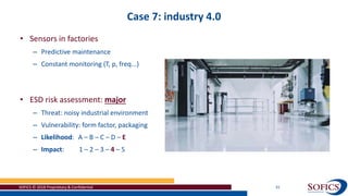Case 7: industry 4.0
SOFICS © 2018 Proprietary & Confidential 31
• Sensors in factories
– Predictive maintenance
– Constant monitoring (T, p, freq...)
• ESD risk assessment: major
– Threat: noisy industrial environment
– Vulnerability: form factor, packaging
– Likelihood: A – B – C – D – E
– Impact: 1 – 2 – 3 – 4 – 5
 