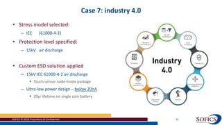 Case 7: industry 4.0
SOFICS © 2018 Proprietary & Confidential 32
• Stress model selected:
– IEC (61000-4-2)
• Protection level specified:
– 15kV air discharge
• Custom ESD solution applied
– 15kV IEC 61000-4-2 air discharge
 Touch sensor node inside package
– Ultra-low power design – below 20nA
 20yr lifetime on single coin battery
 