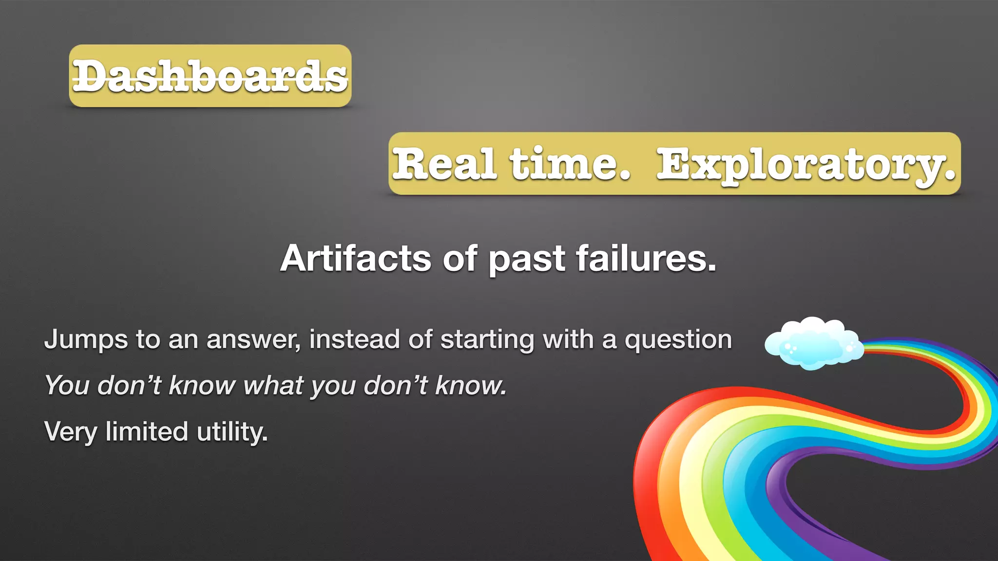 Jumps to an answer, instead of starting with a question
You don’t know what you don’t know.
Very limited utility.
Dashboards
Artifacts of past failures.
Real time. Exploratory.
 