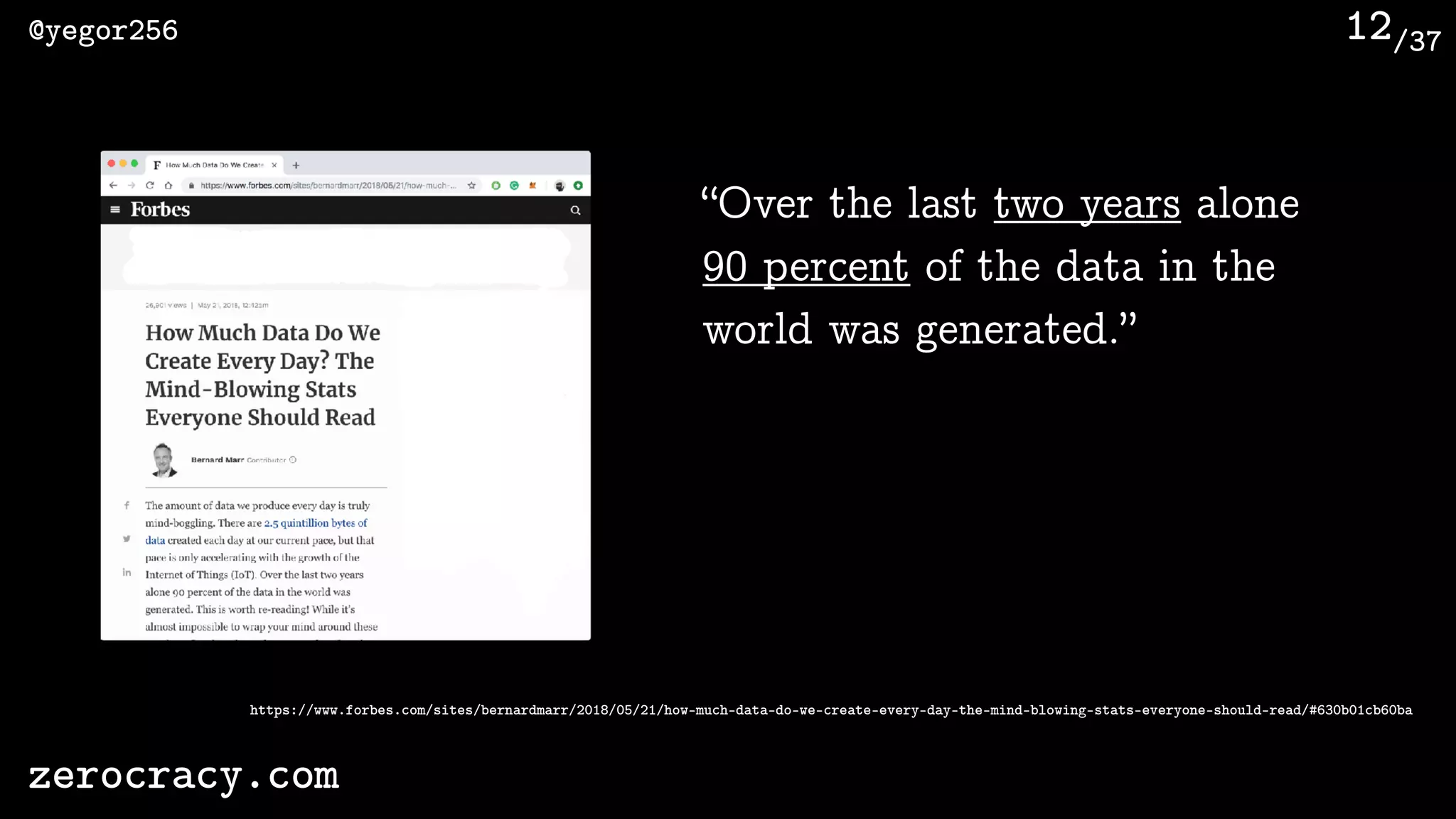 /37@yegor256
zerocracy.com
12
“Over the last two years alone
90 percent of the data in the
world was generated.”
https://www.forbes.com/sites/bernardmarr/2018/05/21/how-much-data-do-we-create-every-day-the-mind-blowing-stats-everyone-should-read/#630b01cb60ba
 