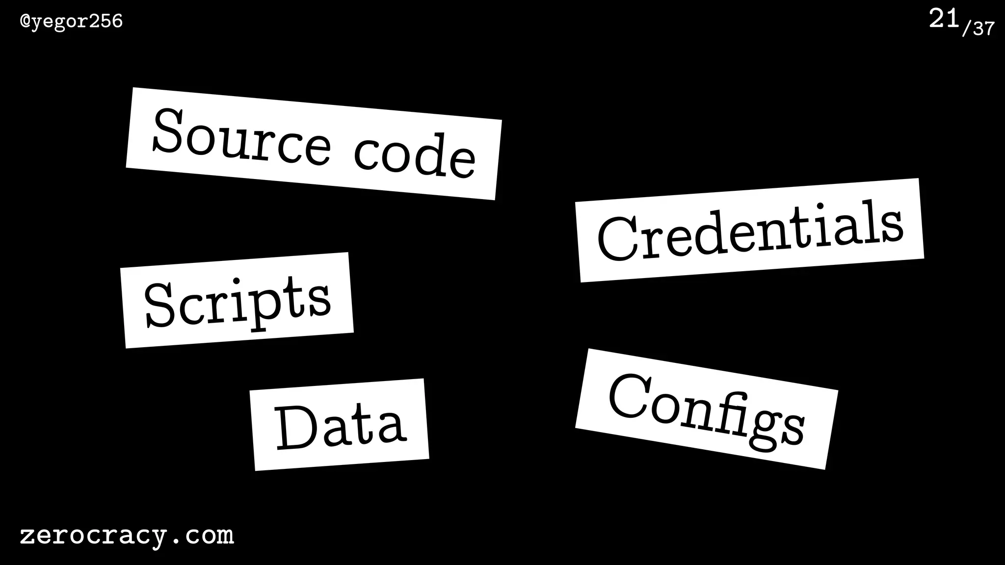 /37@yegor256
zerocracy.com
21
Source code
Scripts
Data
Credentials
Conﬁgs
 