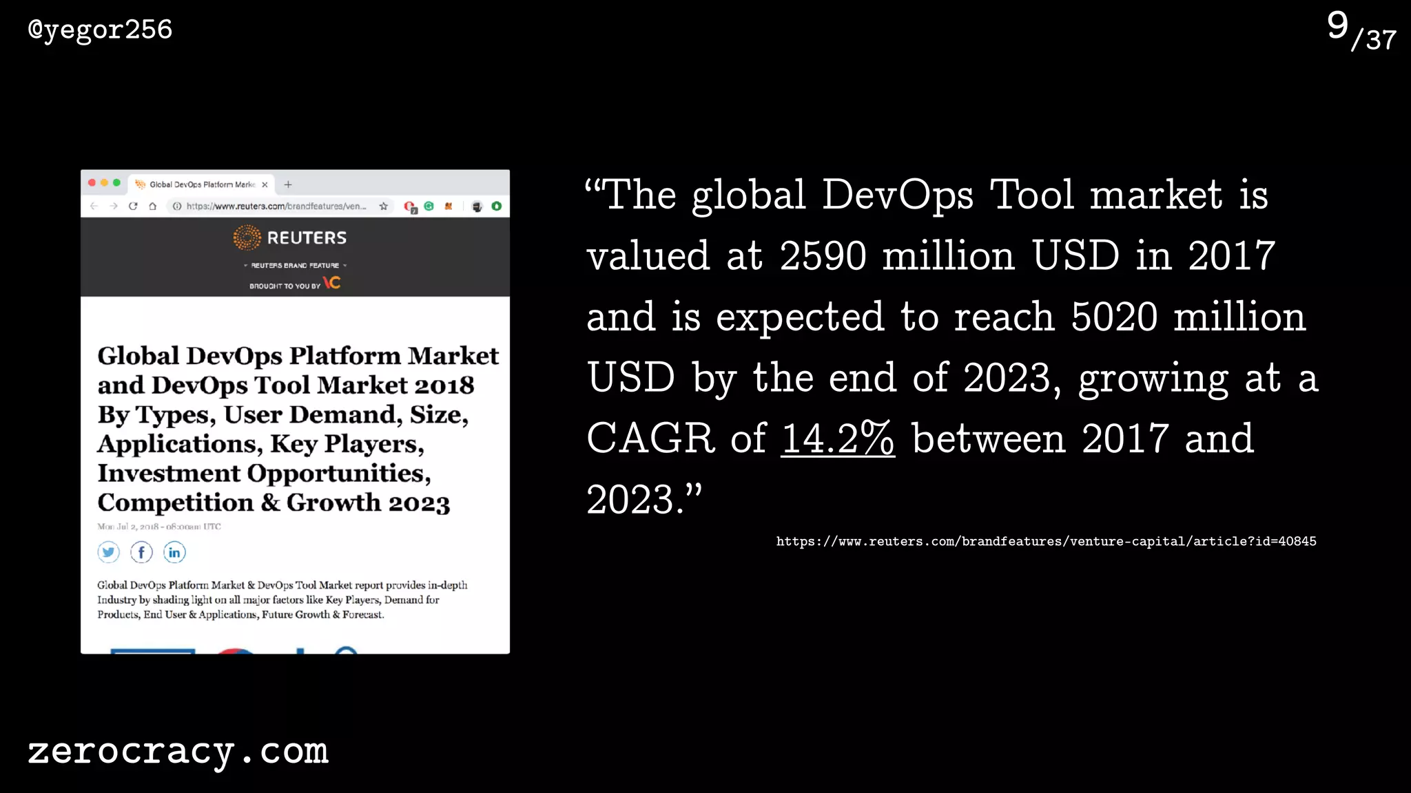 /37@yegor256
zerocracy.com
9
“The global DevOps Tool market is
valued at 2590 million USD in 2017
and is expected to reach 5020 million
USD by the end of 2023, growing at a
CAGR of 14.2% between 2017 and
2023.”
https://www.reuters.com/brandfeatures/venture-capital/article?id=40845
 