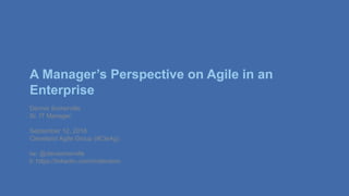 A Manager’s Perspective on Agile in an
Enterprise
Dennis Somerville
Sr. IT Manager
September 12, 2018
Cleveland Agile Group (#CleAg)
tw: @densomerville
li: https://linkedin.com/in/densom
 