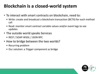 Blockchain is a closed-world system
• To interact with smart contracts on blockchain, need to:
• Write: create and broadcast a blockchain transaction (BCTX) for each method
call
• Read: monitor smart contract variable values and/or event logs to see
updates
• The outside world speaks Services
• REST / SOAP-WSDL / JSON RPC
• How to bridge between the two worlds?
• Recurring problem
• Our solution: a Trigger component as bridge
 