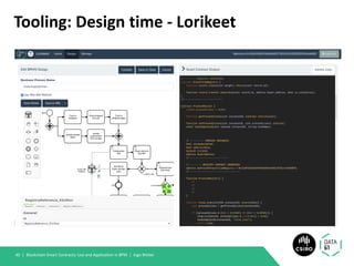 Tooling: Design time - Lorikeet
Blockchain Smart Contracts: Use and Application in BPM | Ingo Weber40 |
 