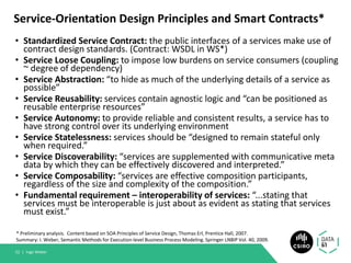 Service-Orientation Design Principles and Smart Contracts*
• Standardized Service Contract: the public interfaces of a services make use of
contract design standards. (Contract: WSDL in WS*)
• Service Loose Coupling: to impose low burdens on service consumers (coupling
~ degree of dependency)
• Service Abstraction: “to hide as much of the underlying details of a service as
possible”
• Service Reusability: services contain agnostic logic and “can be positioned as
reusable enterprise resources”
• Service Autonomy: to provide reliable and consistent results, a service has to
have strong control over its underlying environment
• Service Statelessness: services should be “designed to remain stateful only
when required.”
• Service Discoverability: “services are supplemented with communicative meta
data by which they can be effectively discovered and interpreted.”
• Service Composability: “services are effective composition participants,
regardless of the size and complexity of the composition.”
• Fundamental requirement – interoperability of services: “...stating that
services must be interoperable is just about as evident as stating that services
must exist.”
Ingo Weber52 |
* Preliminary analysis. Content based on SOA Principles of Service Design, Thomas Erl, Prentice Hall, 2007.
Summary: I. Weber, Semantic Methods for Execution-level Business Process Modeling. Springer LNBIP Vol. 40, 2009.
 